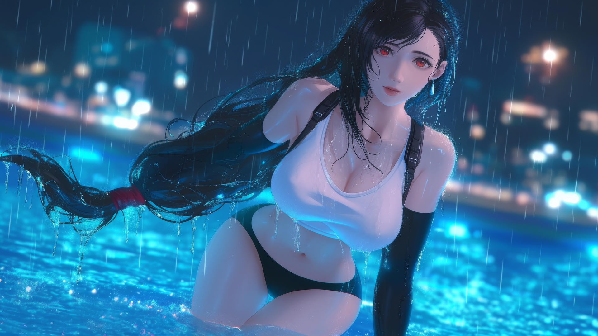 Tifa Lockhart from Final Fantasy jumping out of a rainy swimming pool with neon light glow.