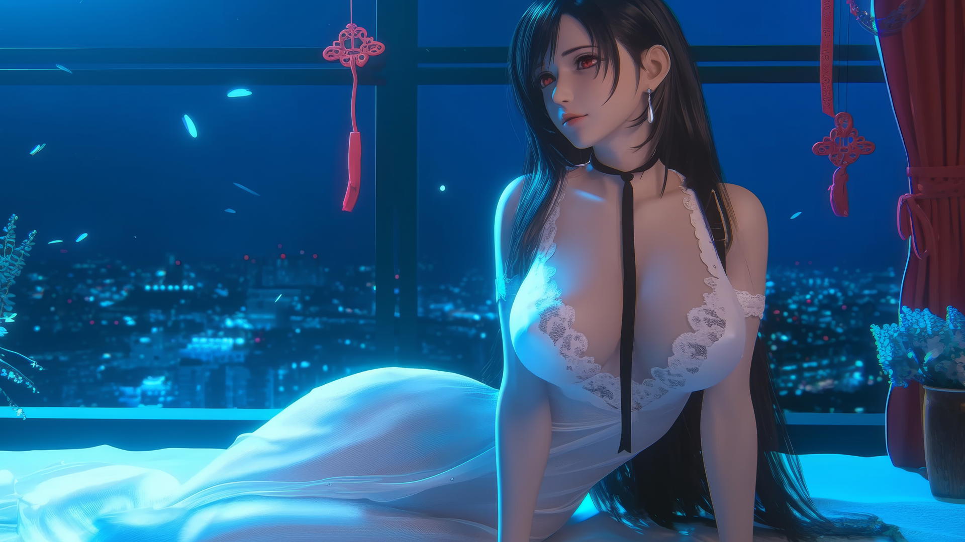 Tifa Lockhart in a modern hotel room with neon light glow.