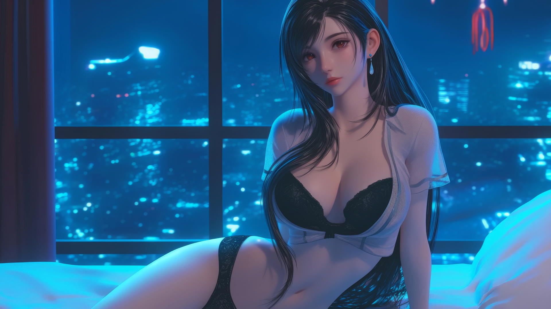 Tifa Lockhart from Final Fantasy in a modern hotel room with neon light glow.