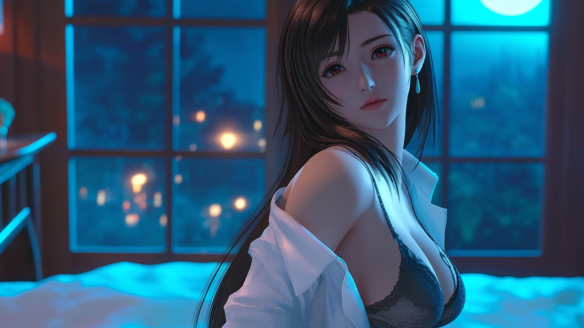 Tifa Lockhart kneeling in a modern hotel room with neon lights.