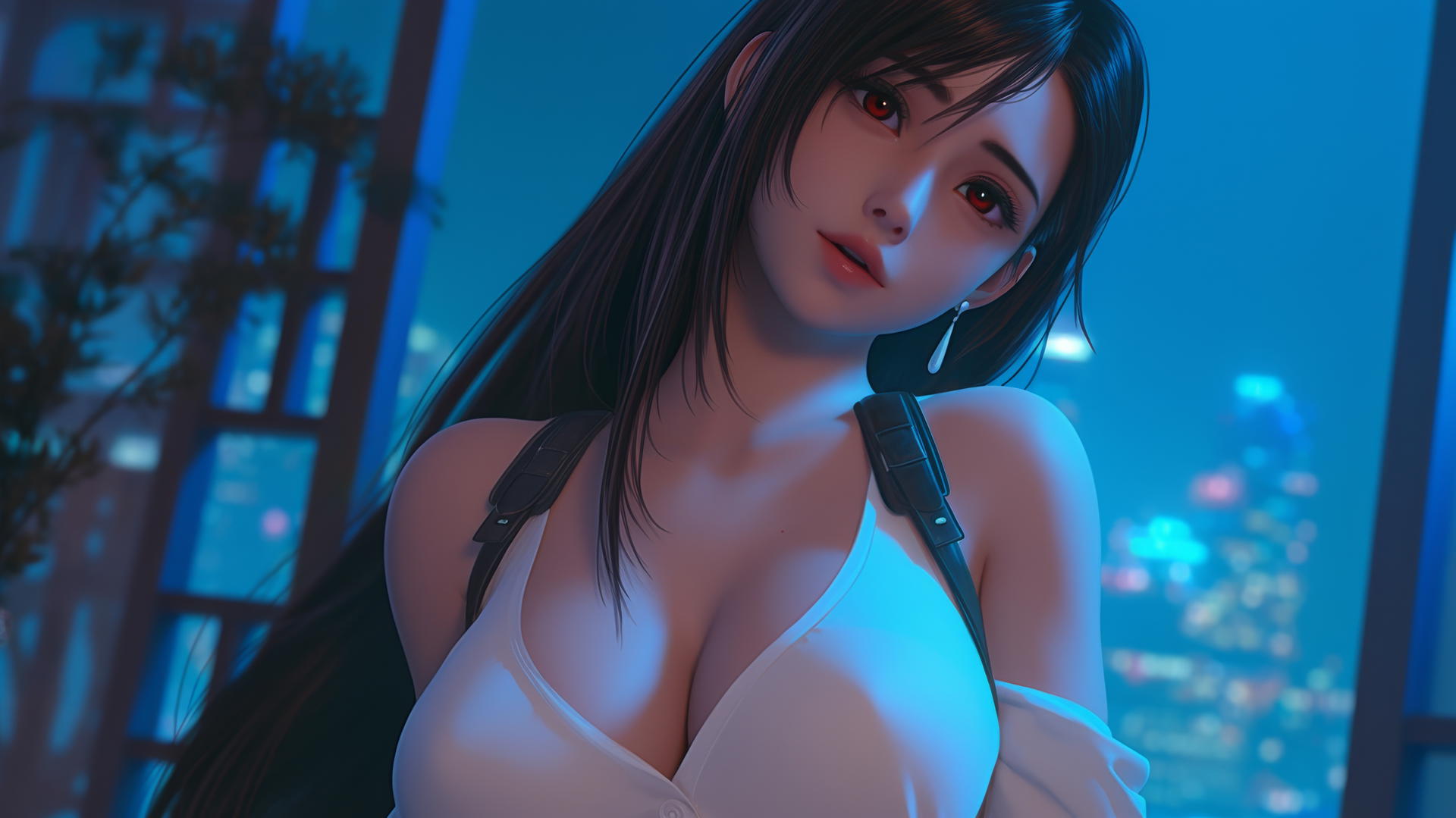 Tifa Lockhart kneeling in a modern hotel room, illuminated by neon light.