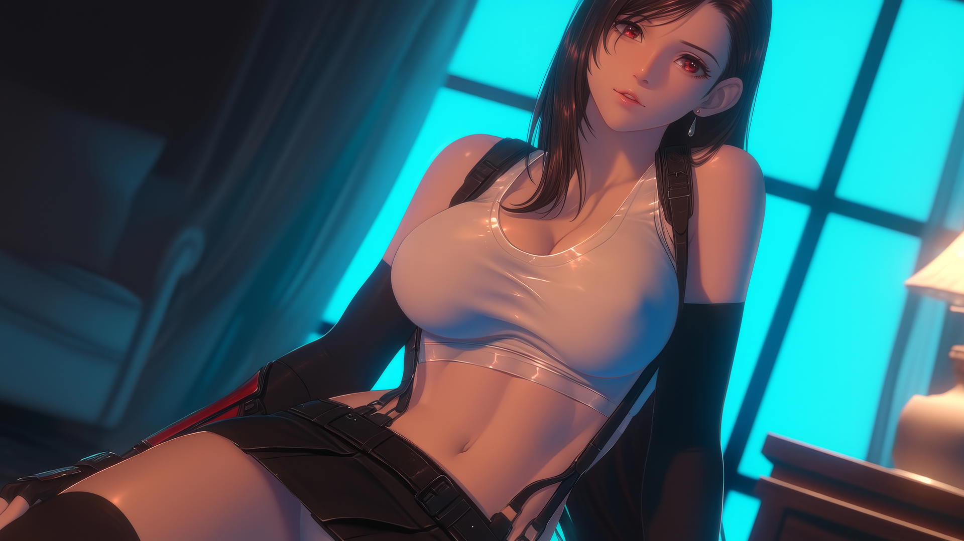 Tifa Lockhart kneeling and looking down, waist focus, neon-lit modern hotel room