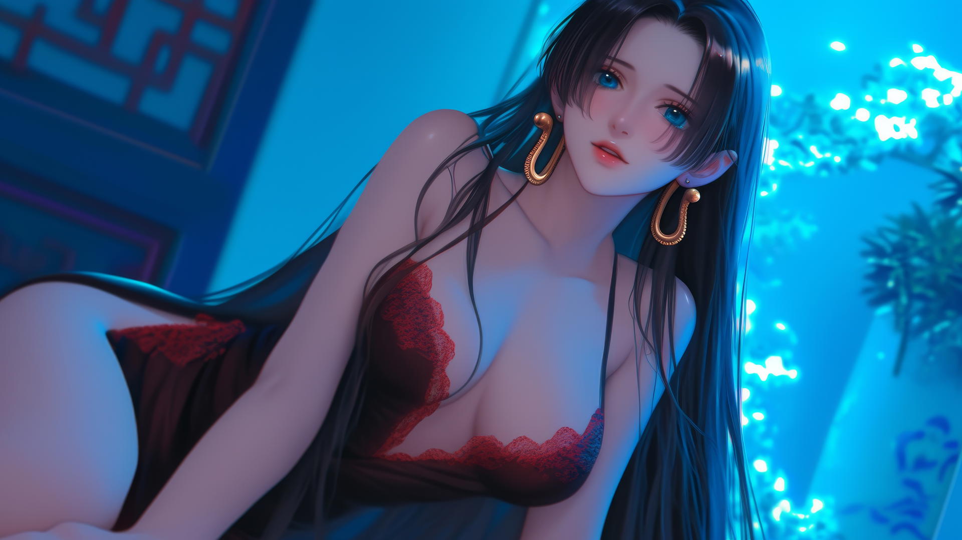 Boa Hancock kneeling in a hotel room, looking down, with a neon glow.
