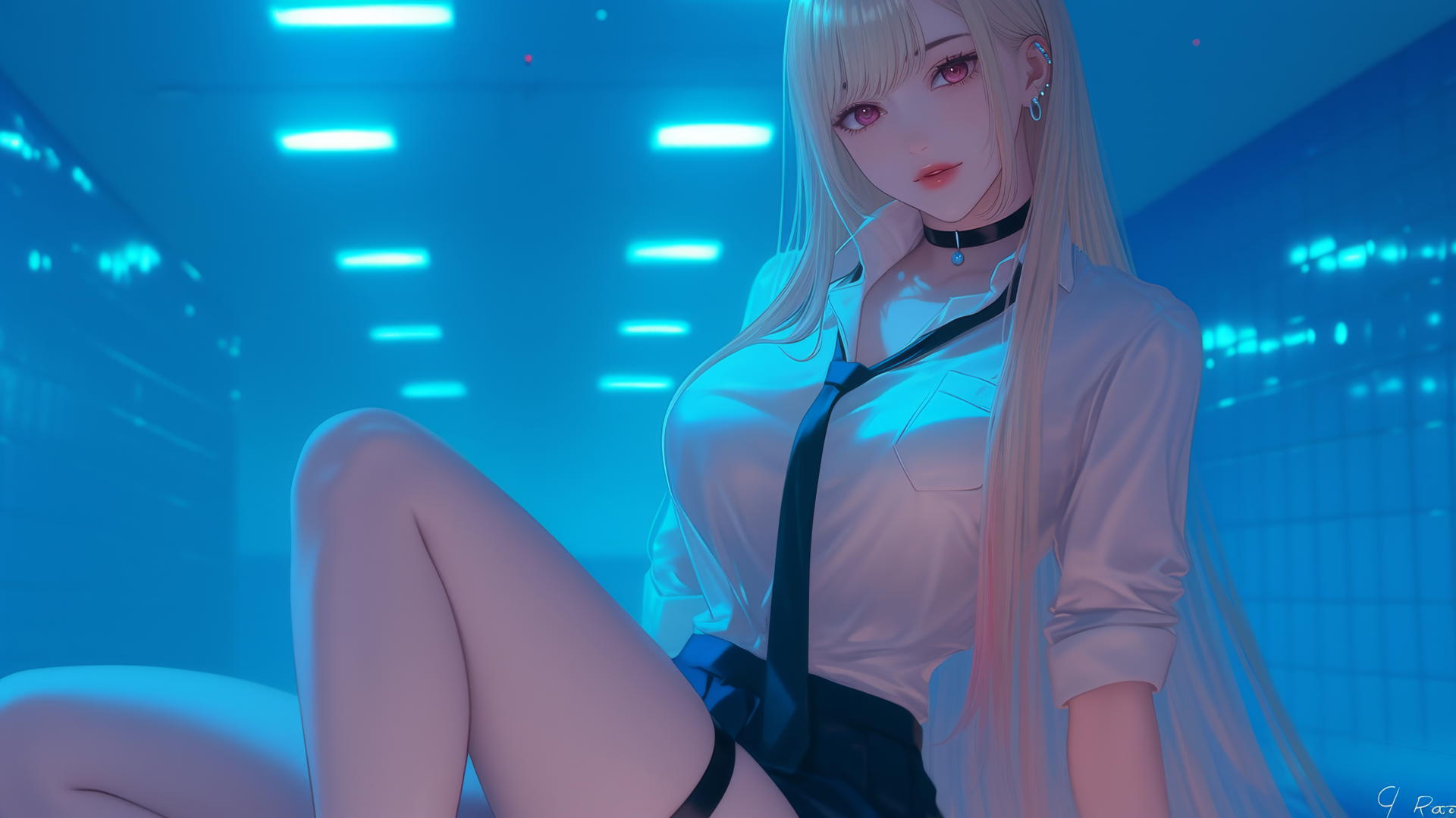 Marin Kitagawa kneeling, neon-lit modern room, soft glow, pinkish eyes, silky blonde hair with pinkish-red tips