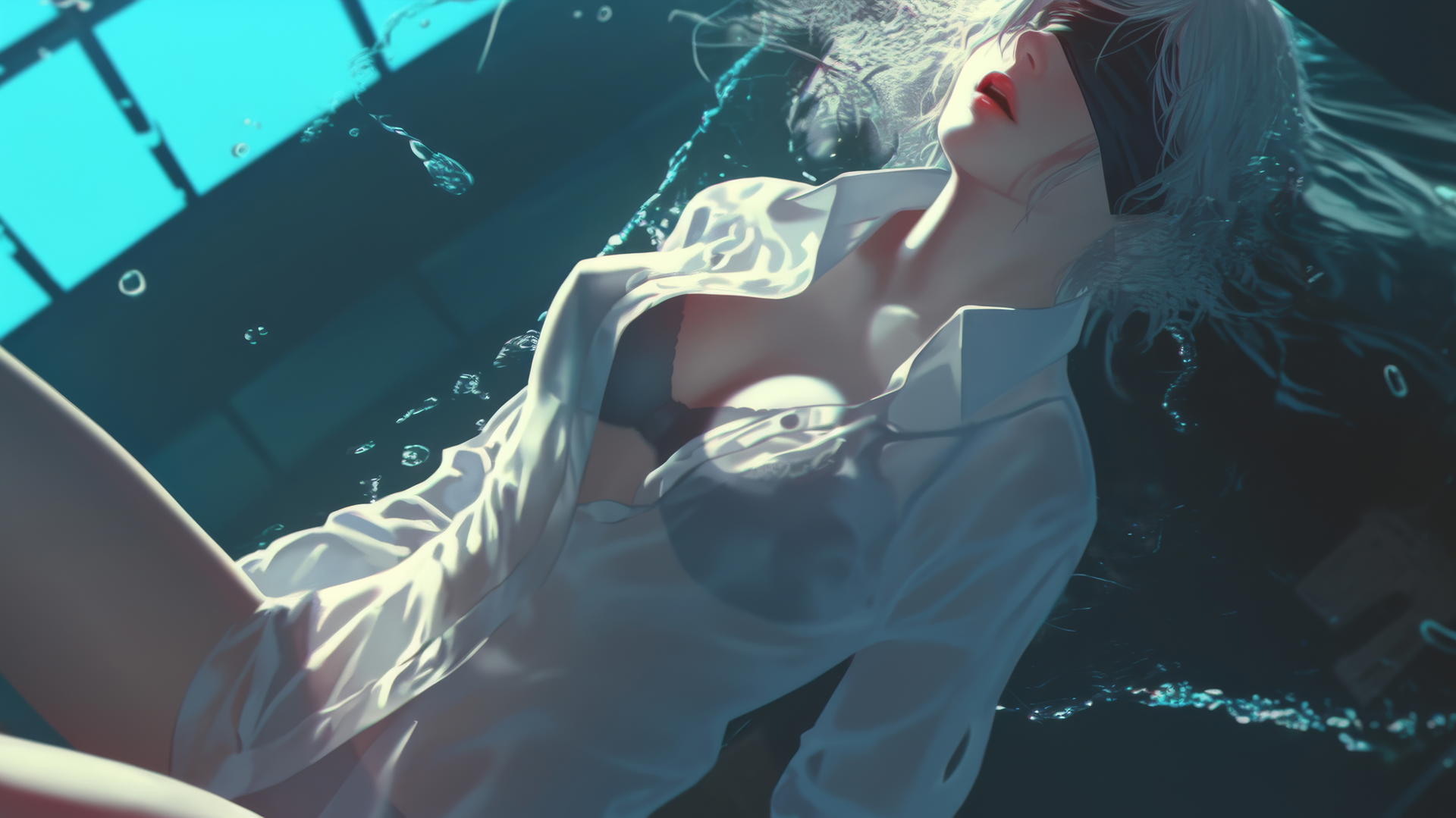 2B from Nier looking up, kneeling in a modern hotel room with neon lighting.