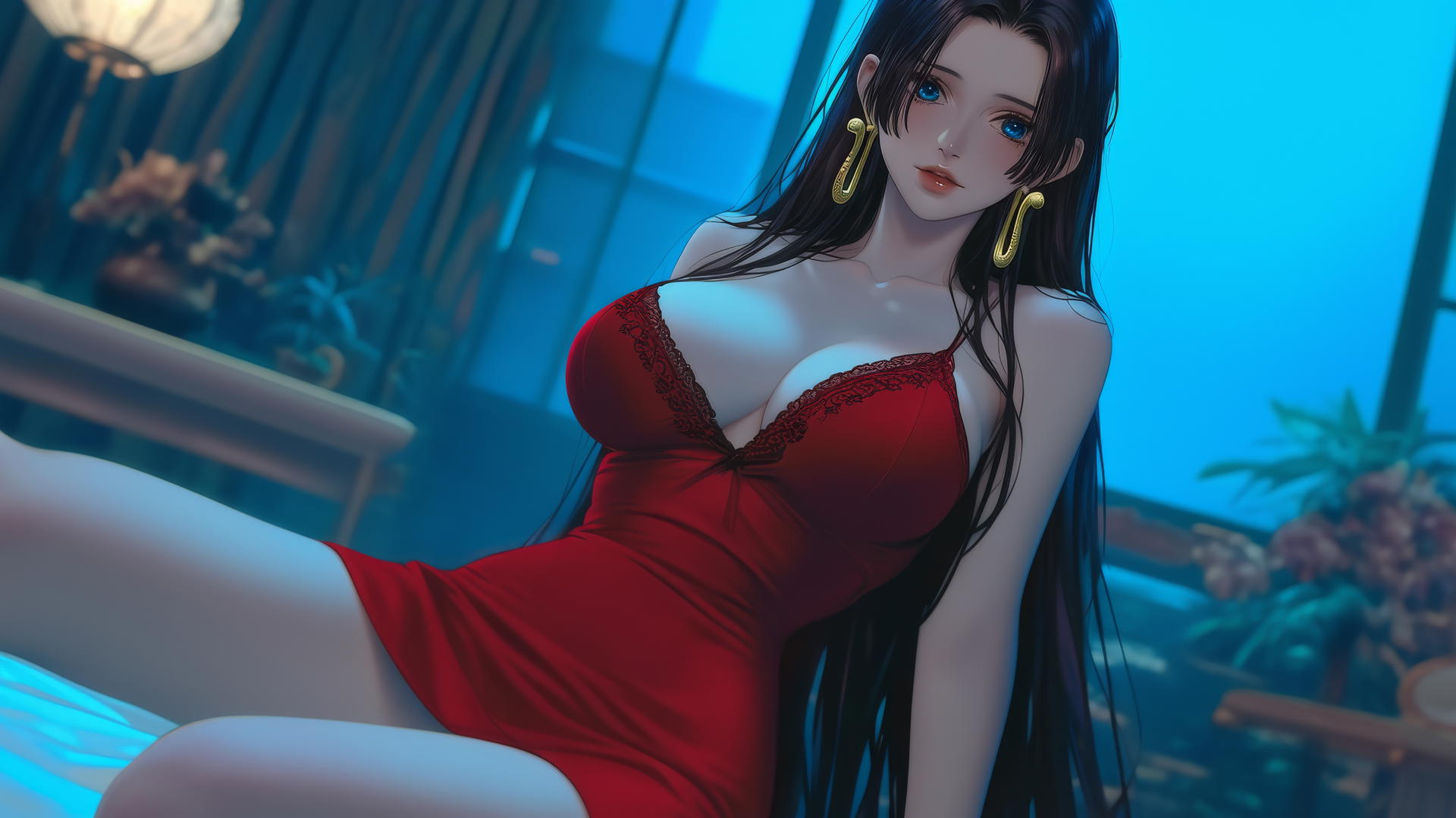Boa Hancock from One Piece kneeling, wearing red, illuminated by neon hotel light.