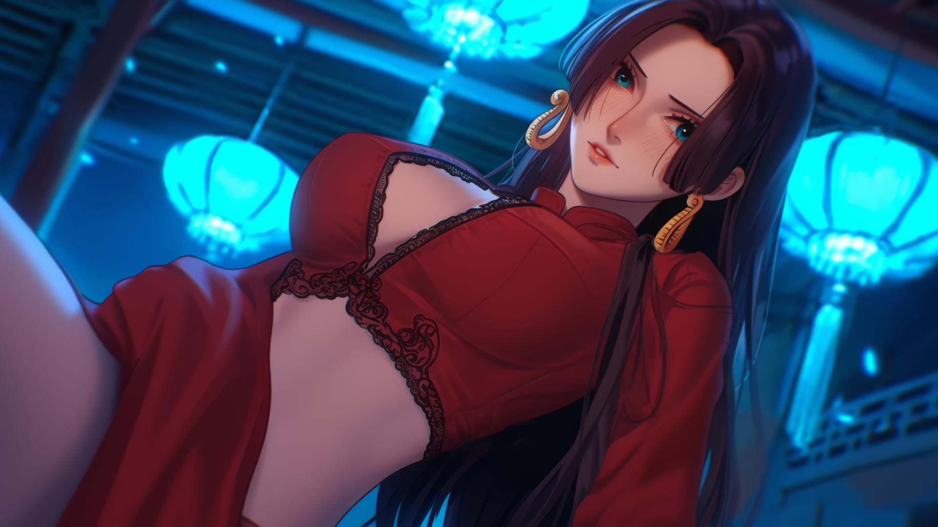 Boa Hancock from One Piece kneeling, neon-lit ceiling background
