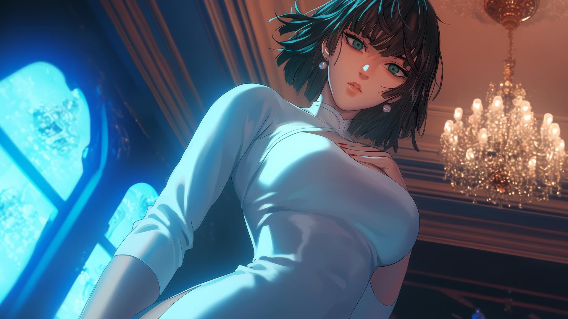 Fubuki from One Punch Man, seen from below, kneeling with hands across the viewer's shoulder under glowing neon ceiling lights.