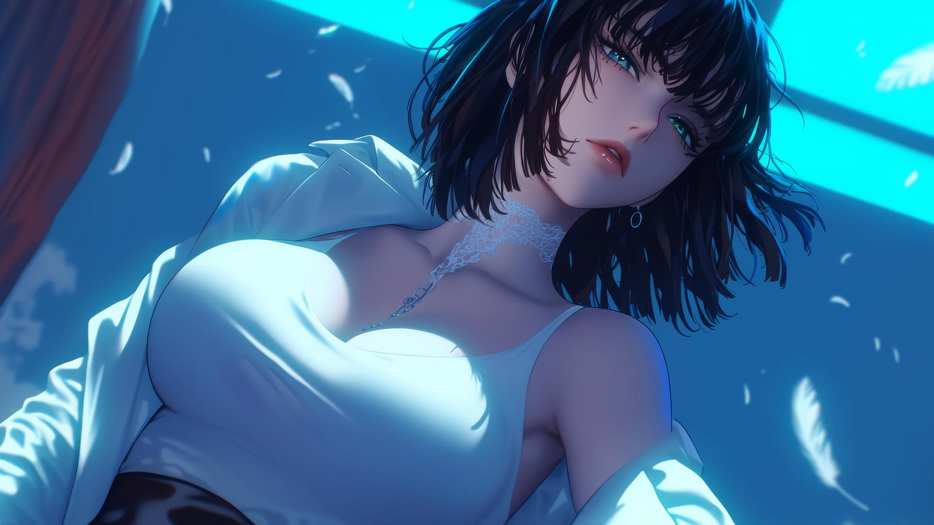 Fubuki from One Punch Man leaning and looking down, with a hotel ceiling and neon lights.