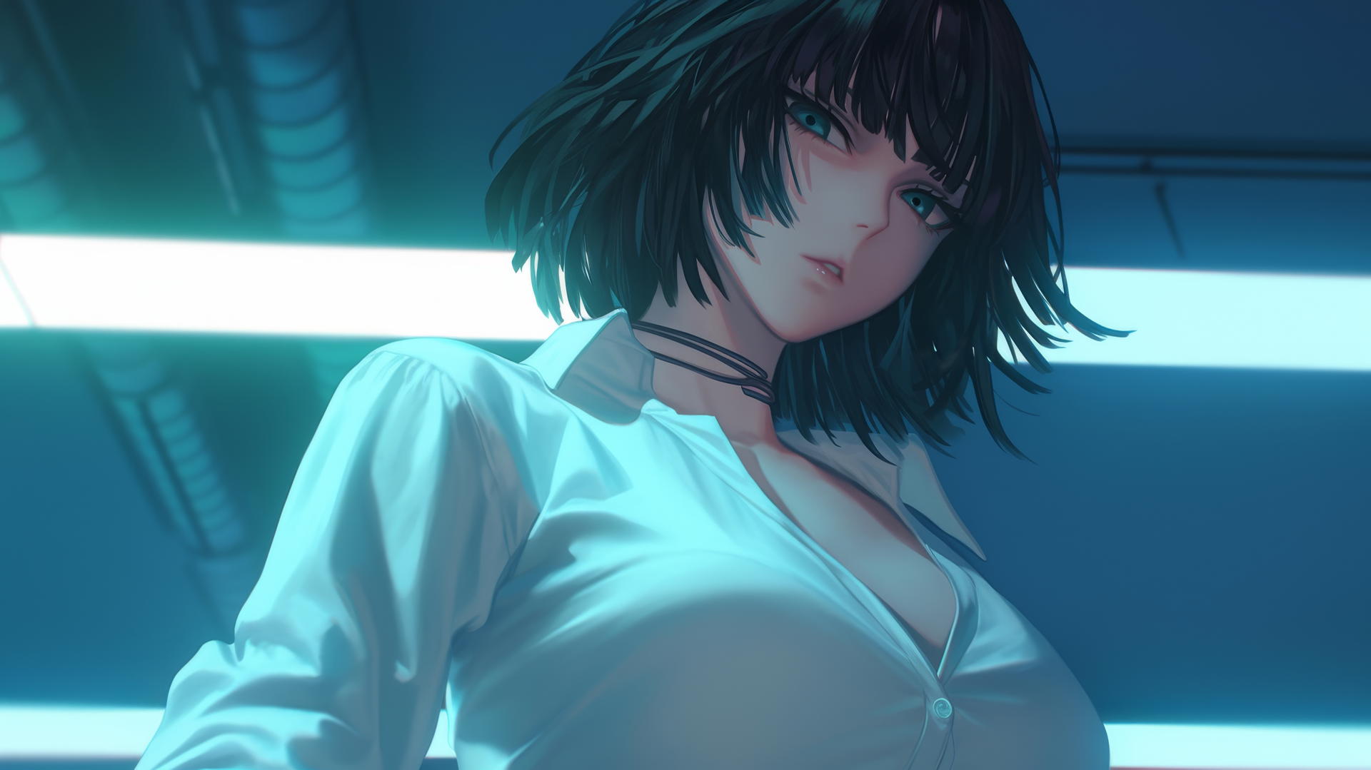 Fubuki from One Punch Man leaning forward in white office shirt, hotel ceiling background.