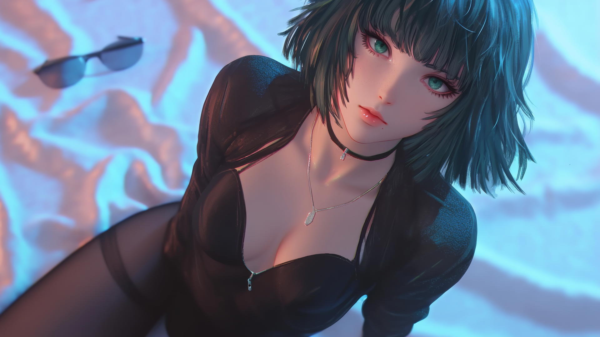 Fubuki from One Punch Man kneeling, looking up, neon-lit hotel room