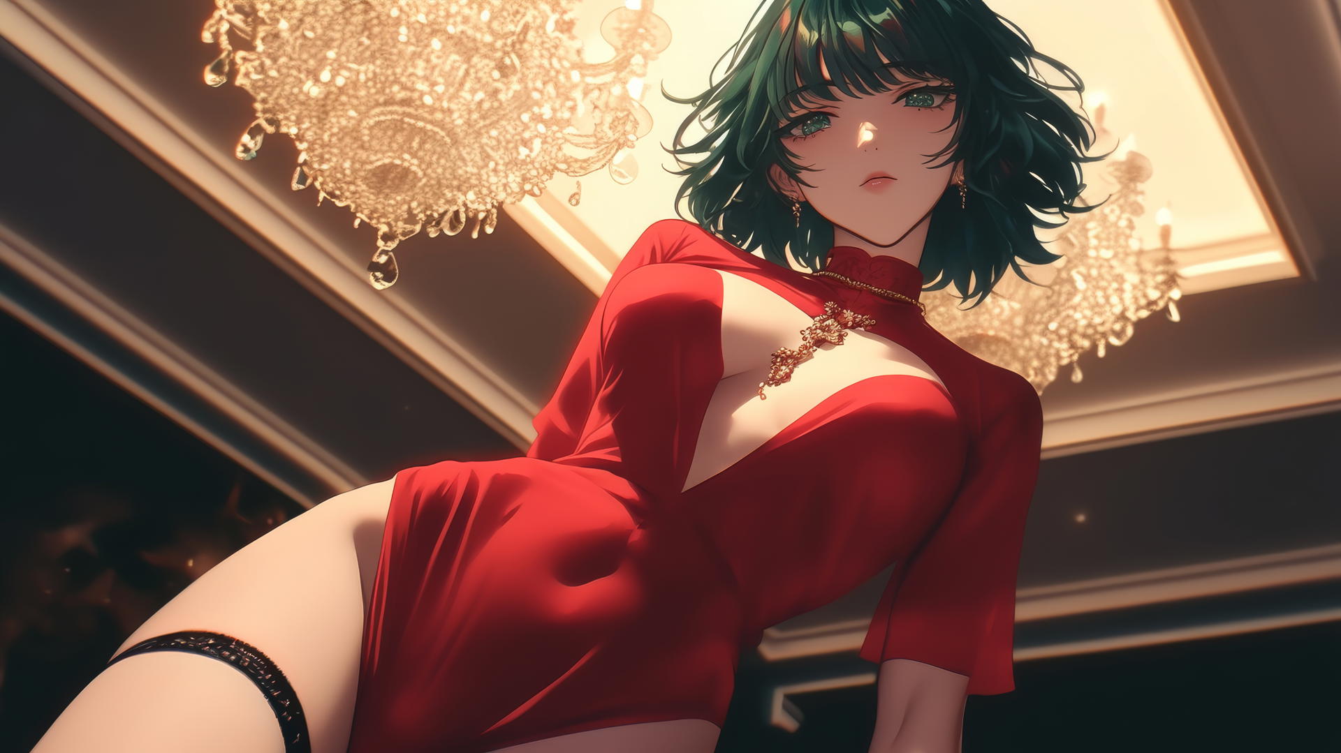 Fubuki from One Punch Man kneeling, looking straight down, dark green bob, light green eyes, hotel ceiling background with neon light glow