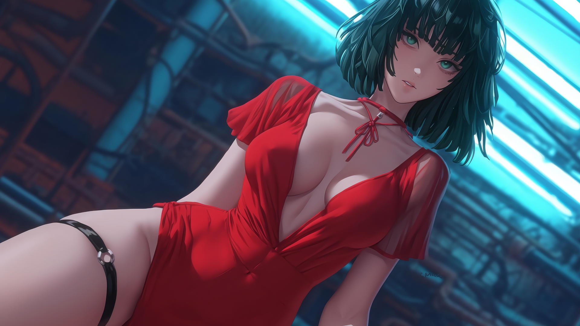 Fubuki from One Punch Man, seen from below, neon-lit hotel ceiling background.