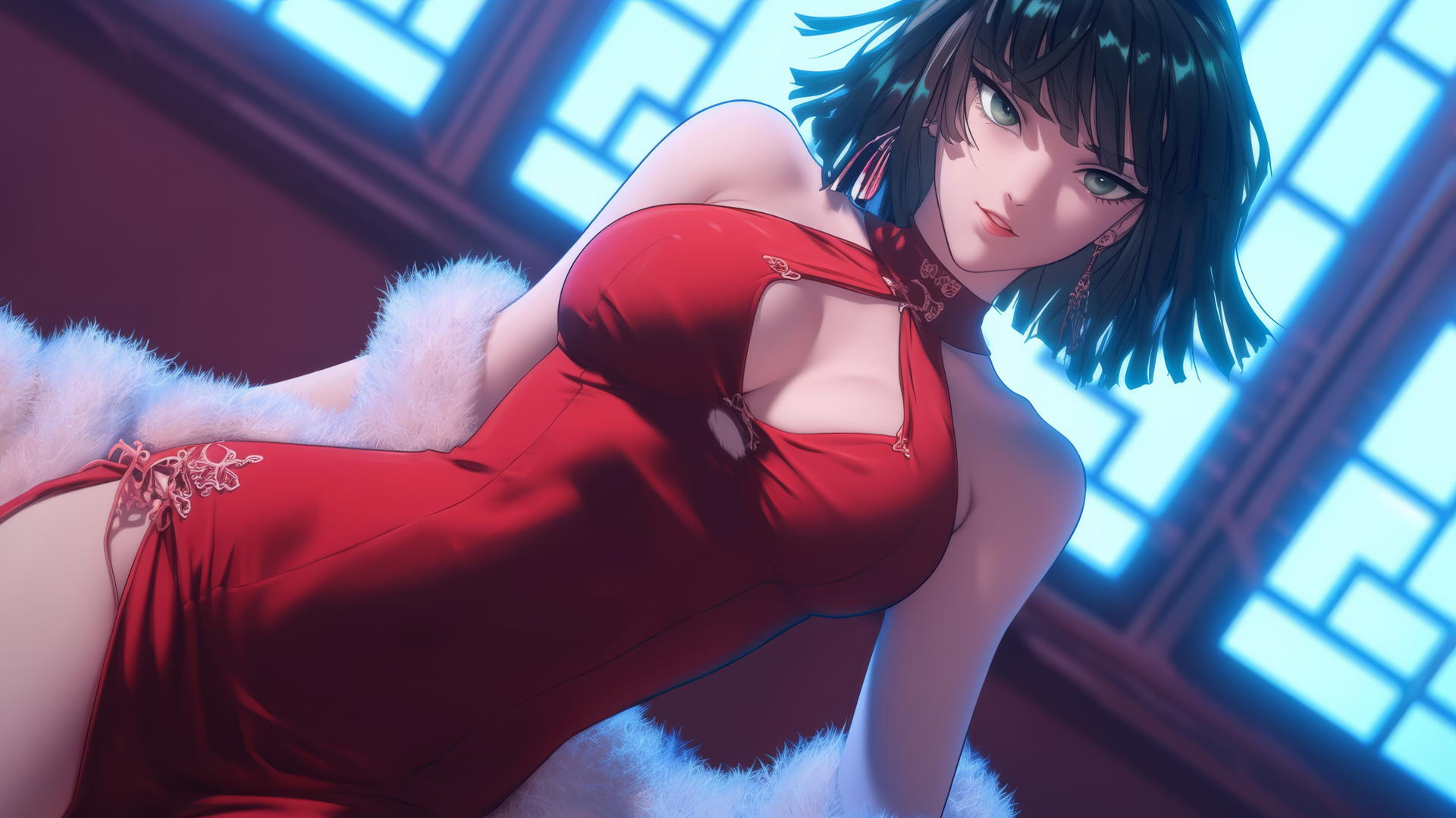 Fubuki from One Punch Man, seen from below with red outfit, neon-lit ceiling.