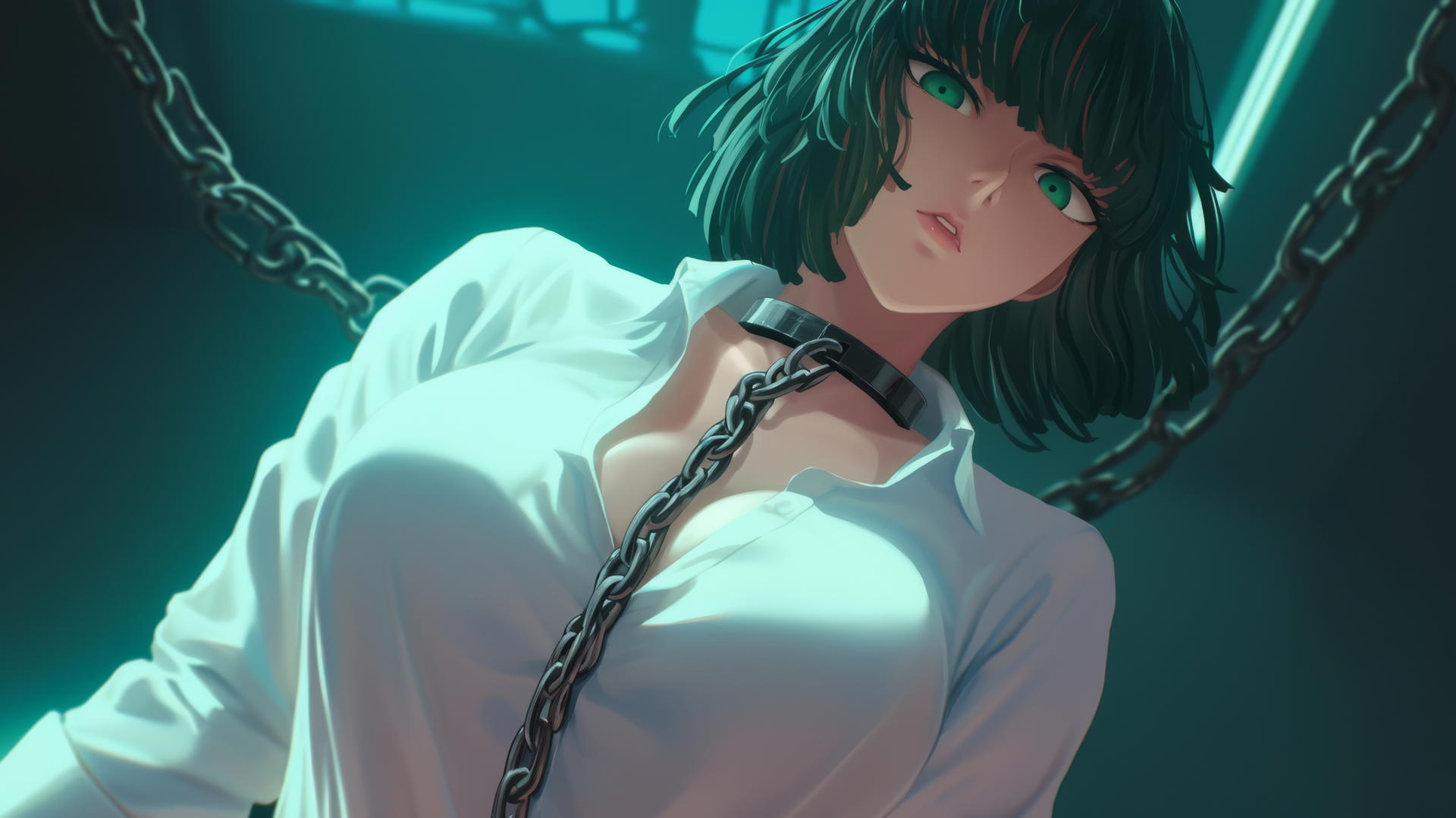 Fubuki from One Punch Man in a white office shirt, locked with chains, dark green bob hairstyle, under soft neon light.