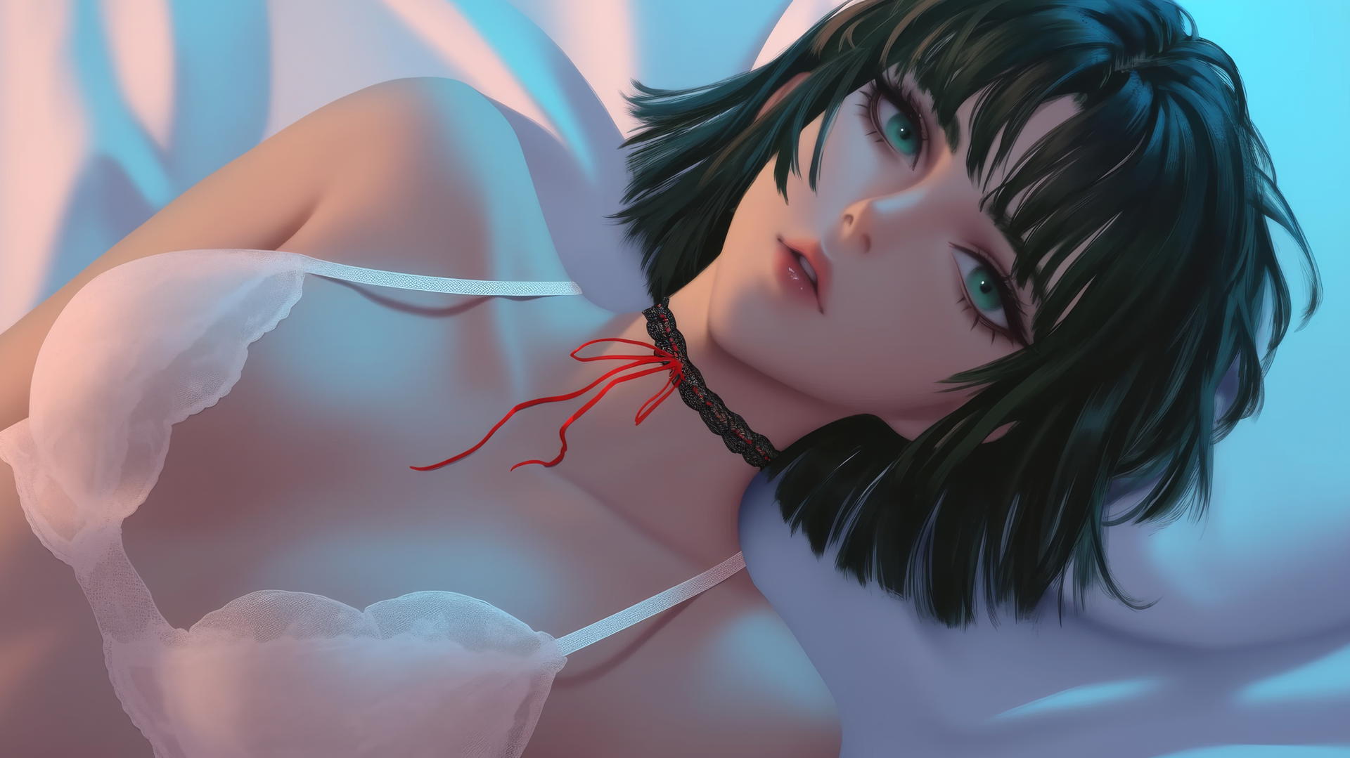 Fubuki from One Punch Man with dark green bob and light green eyes upside down in a modern hotel room.