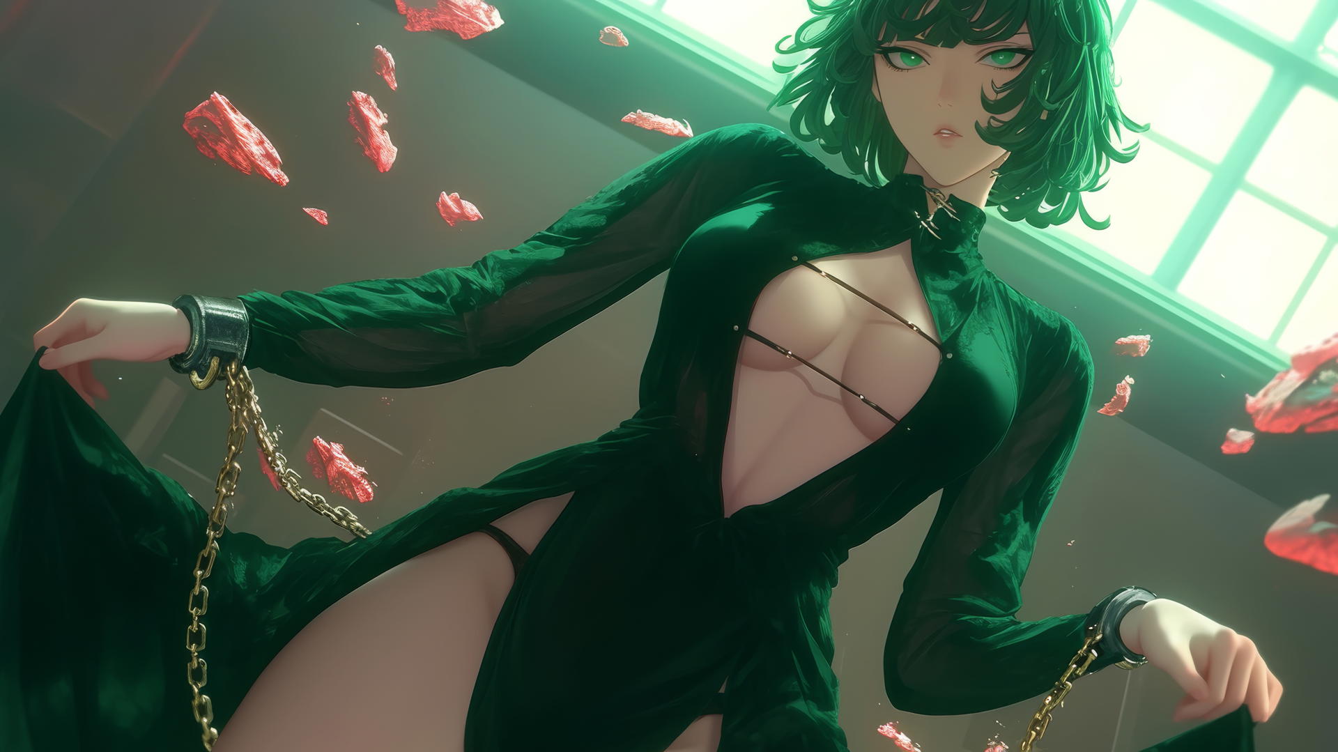 Fubuki from One Punch Man, seen from below, with dark green hair, black outfit, and chains, under neon-lit hotel ceiling.