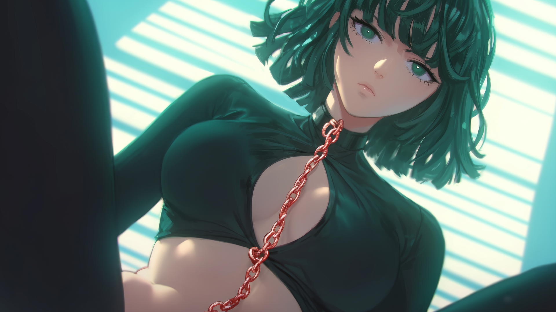 Fubuki from One Punch Man, in chains, kneeling, looking down with neon-lit hotel ceiling background.