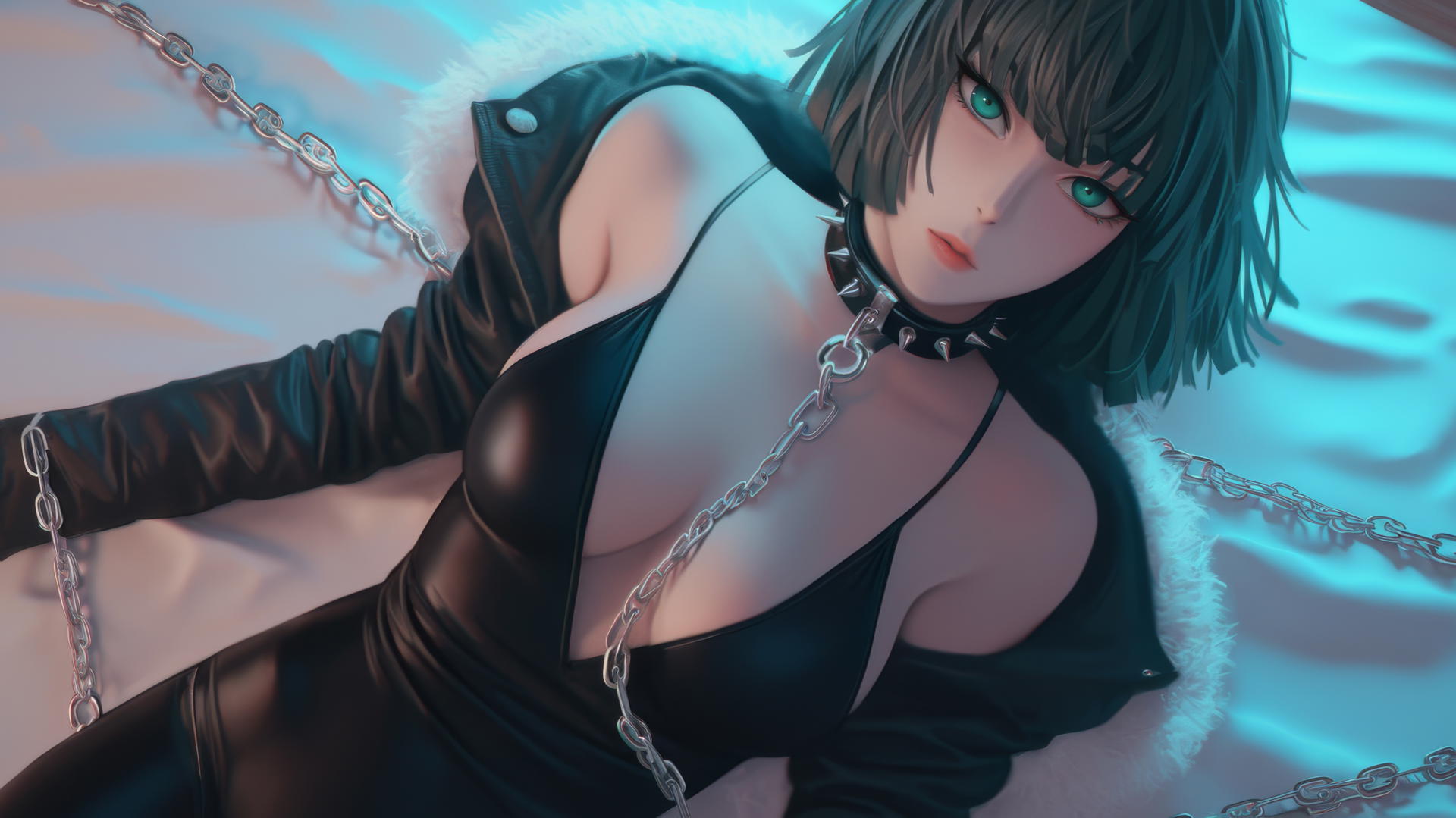 Fubuki from One Punch Man kneeling with chains, leather outfit, neon-lit hotel room.