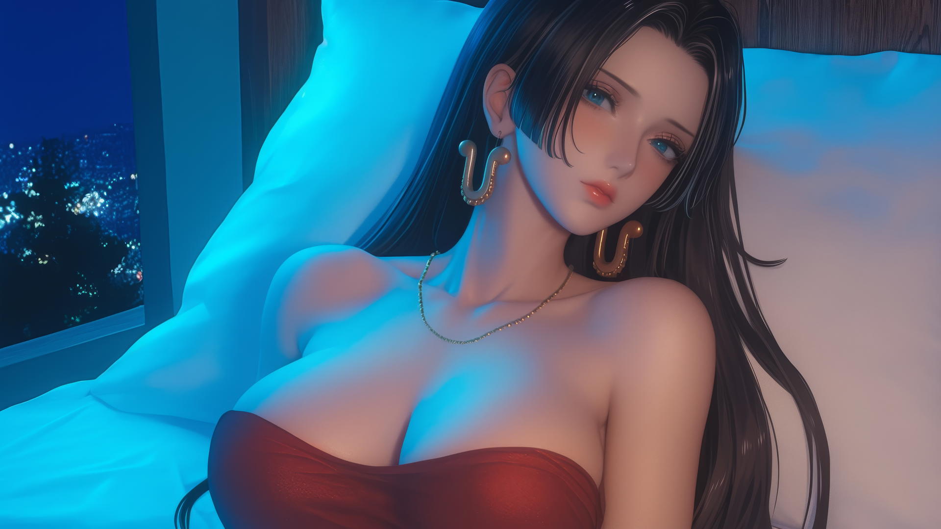 Boa Hancock from One Piece resting in a modern hotel room, moonlight glow.