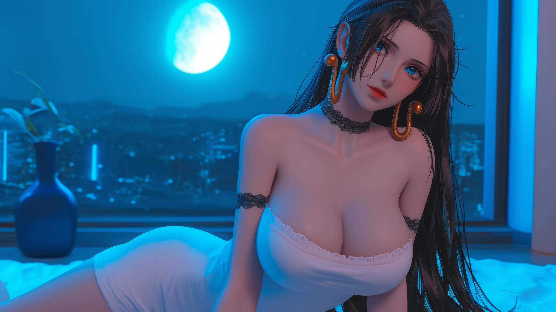 Boa Hancock from One Piece resting in a modern hotel room, moonlight glow
