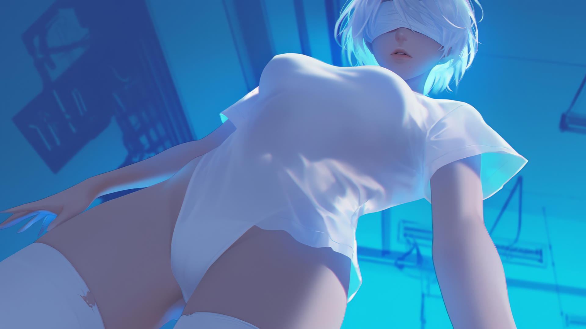 2B from Nier in a broken white T-shirt and blindfold, kneeling with neon hotel ceiling light.