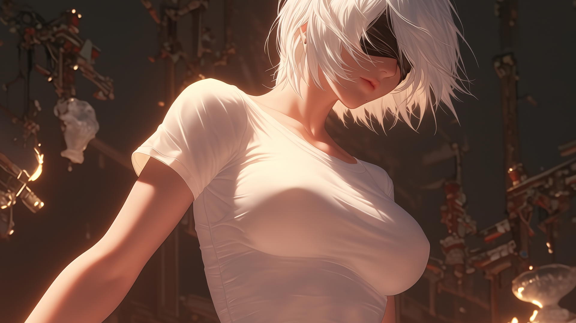 2B from Nier in a broken white t-shirt kneeling and looking down under neon-lit hotel ceiling.