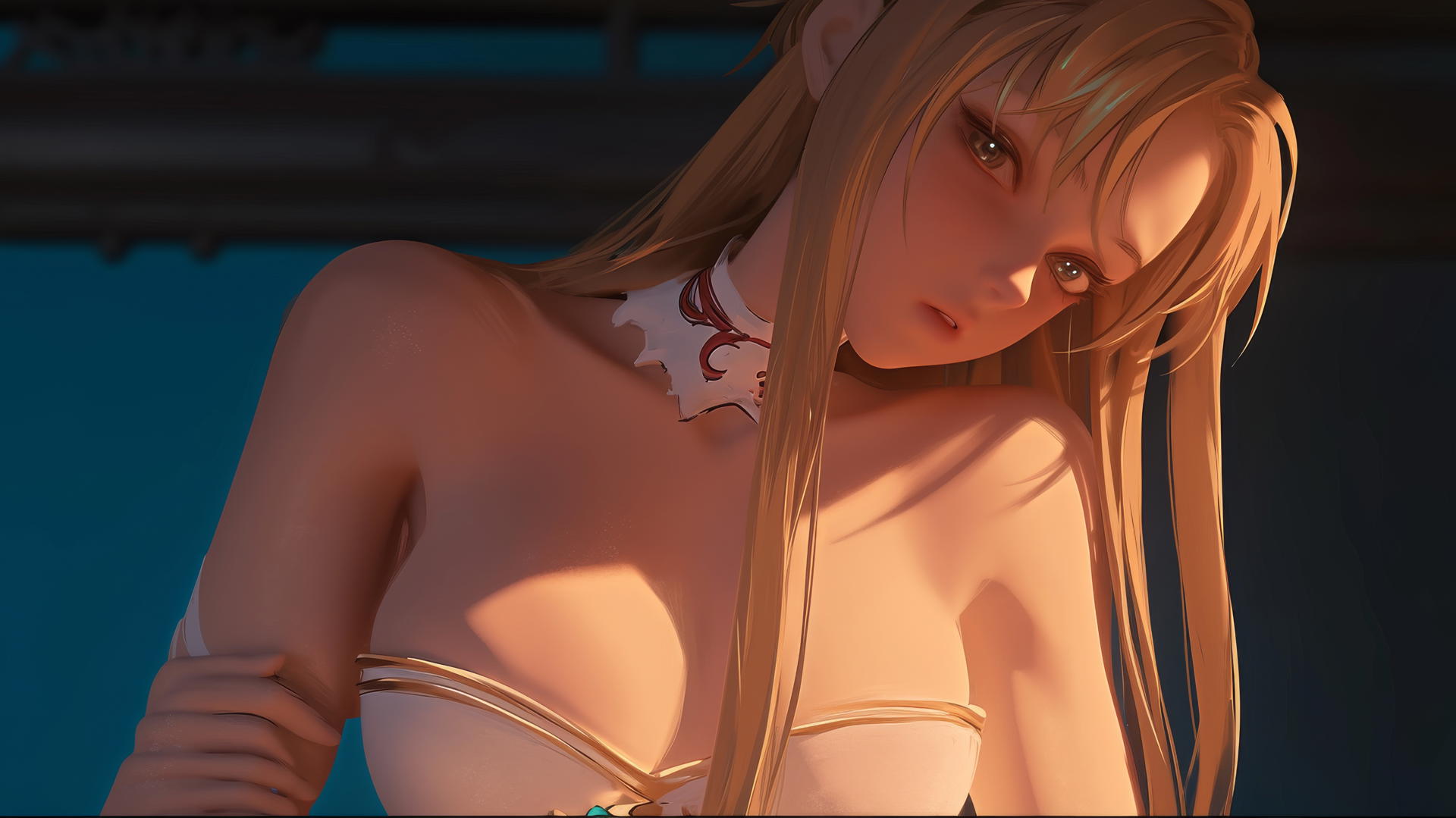 Asuna from Sword Art Online kneeling, neon-lit hotel ceiling background.