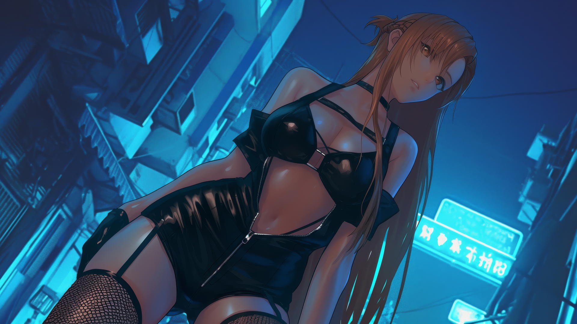 Asuna from Sword Art Online kneeling in leather with hotel ceiling background