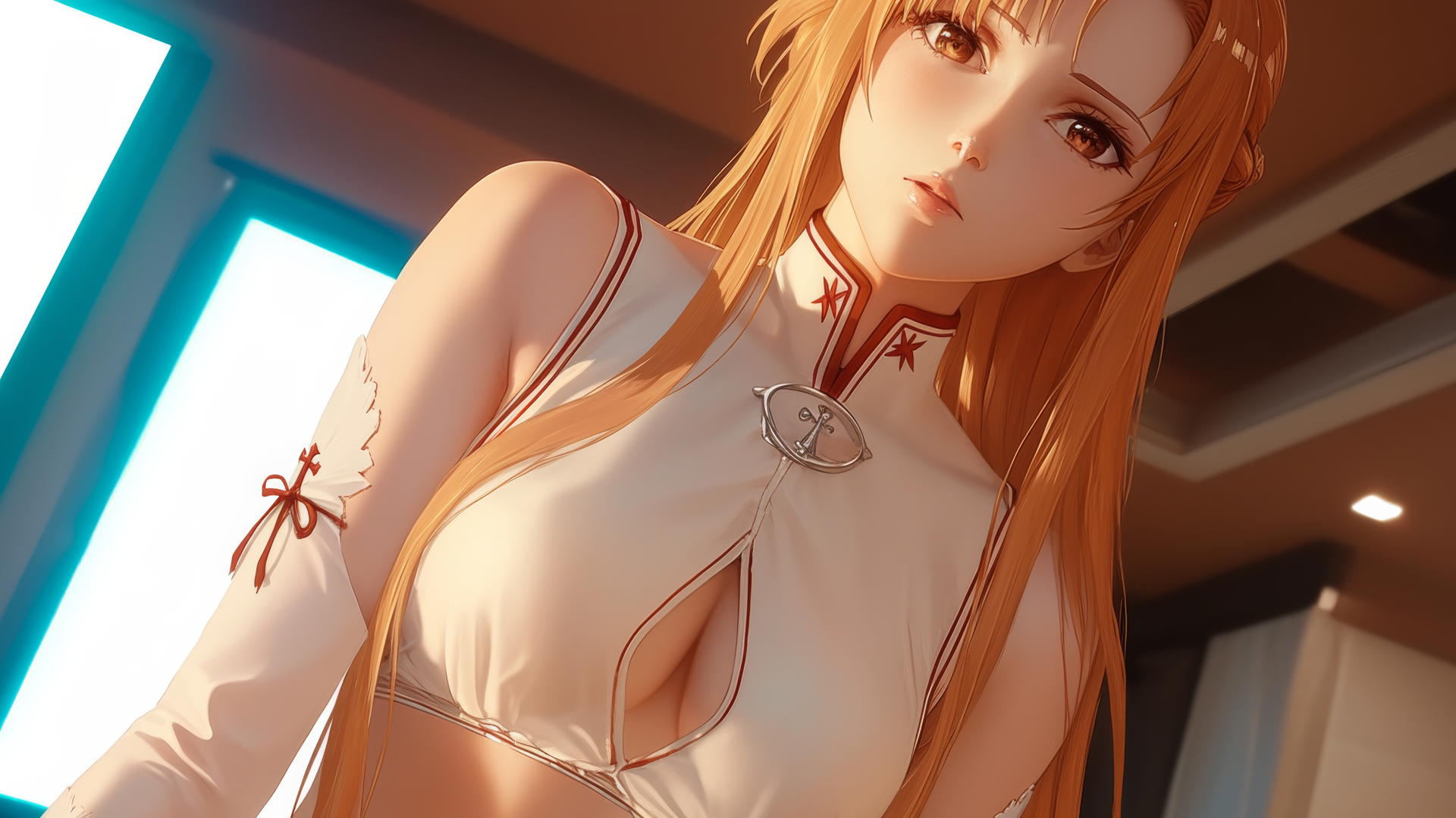 Asuna from Sword Art Online kneeling, leaning forward with neon-lit hotel ceiling background.