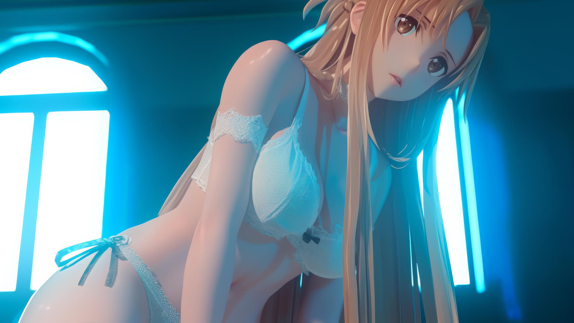 Asuna from Sword Art Online kneeling, looking down, hotel ceiling background.