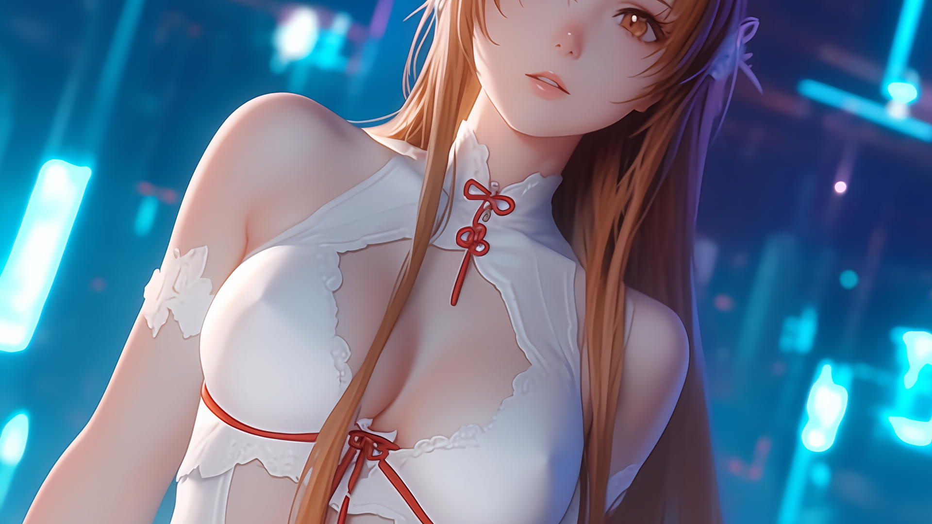 Asuna from Sword Art Online kneeling, seen from below with a hotel ceiling backdrop.