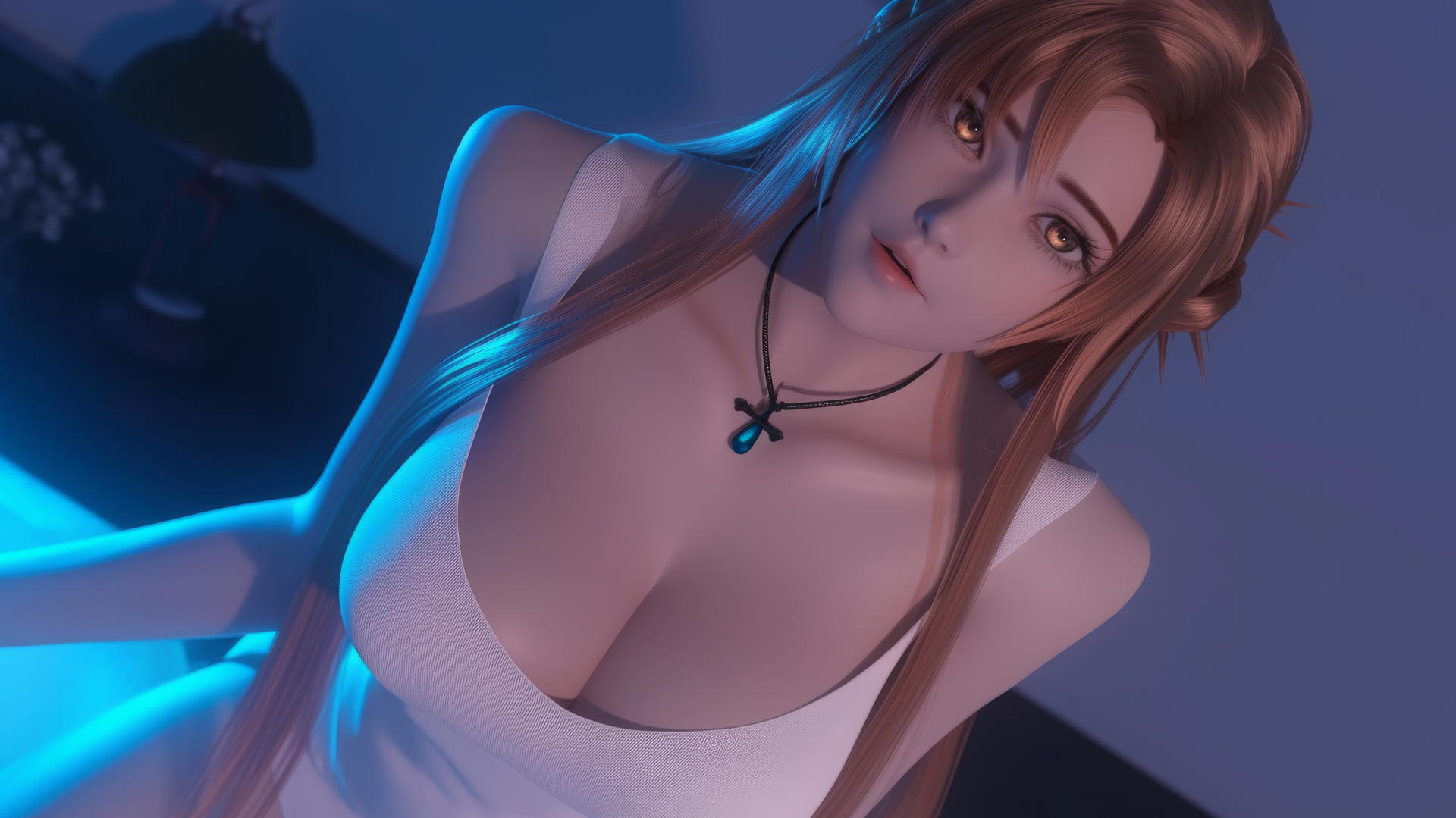 Asuna from Sword Art Online, seen from above, kneeling with neon light glow.