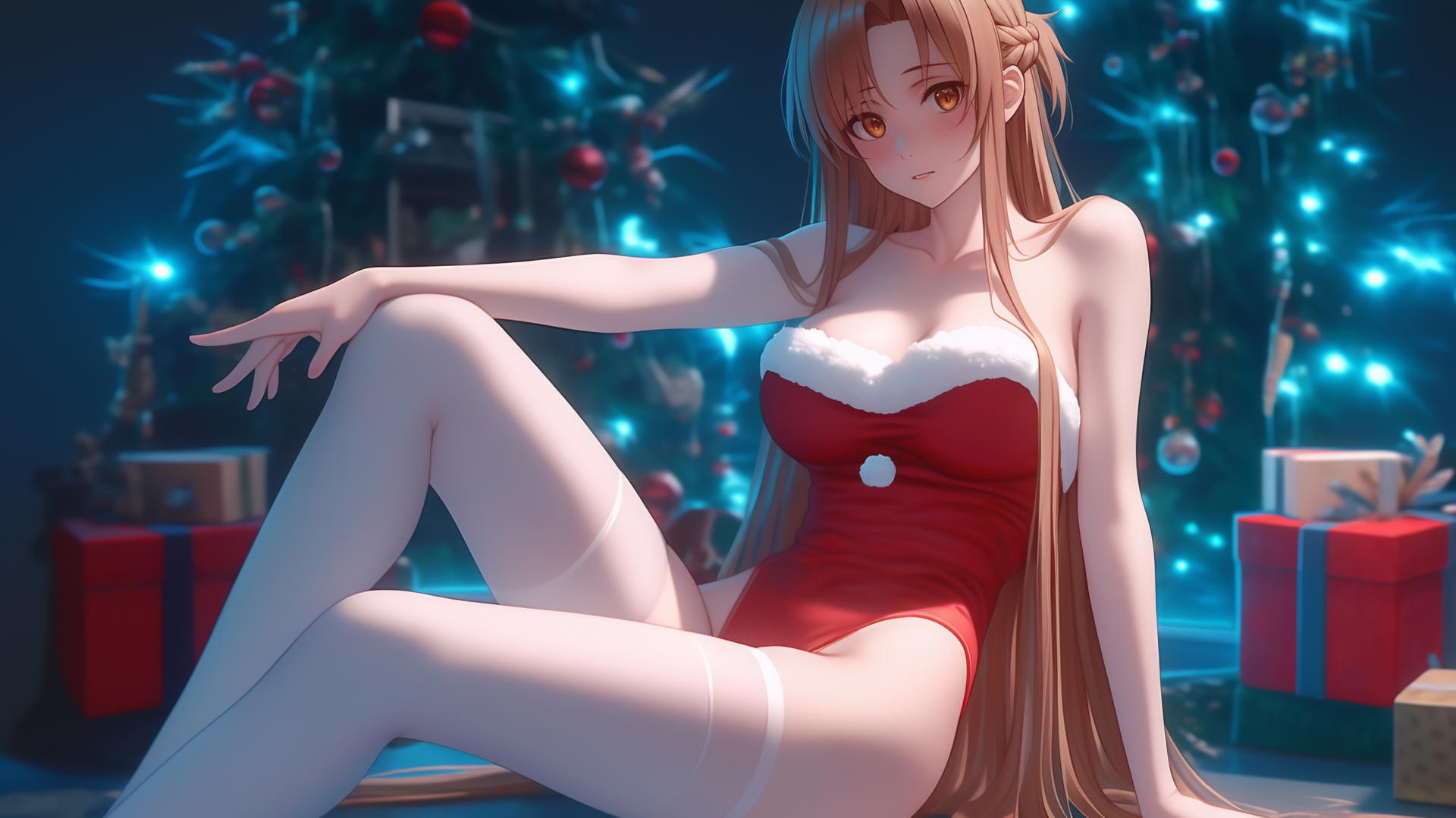 Asuna from Sword Art Online in a Christmas-themed hotel room