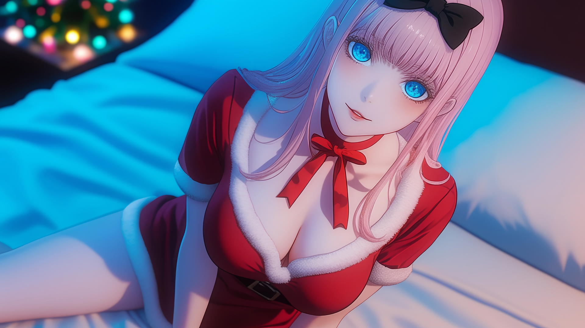 Chika Fujiwara from Kaguya-sama from above, kneeling, in Christmas red, with pink hair and blue eyes in a neon-lit hotel room.