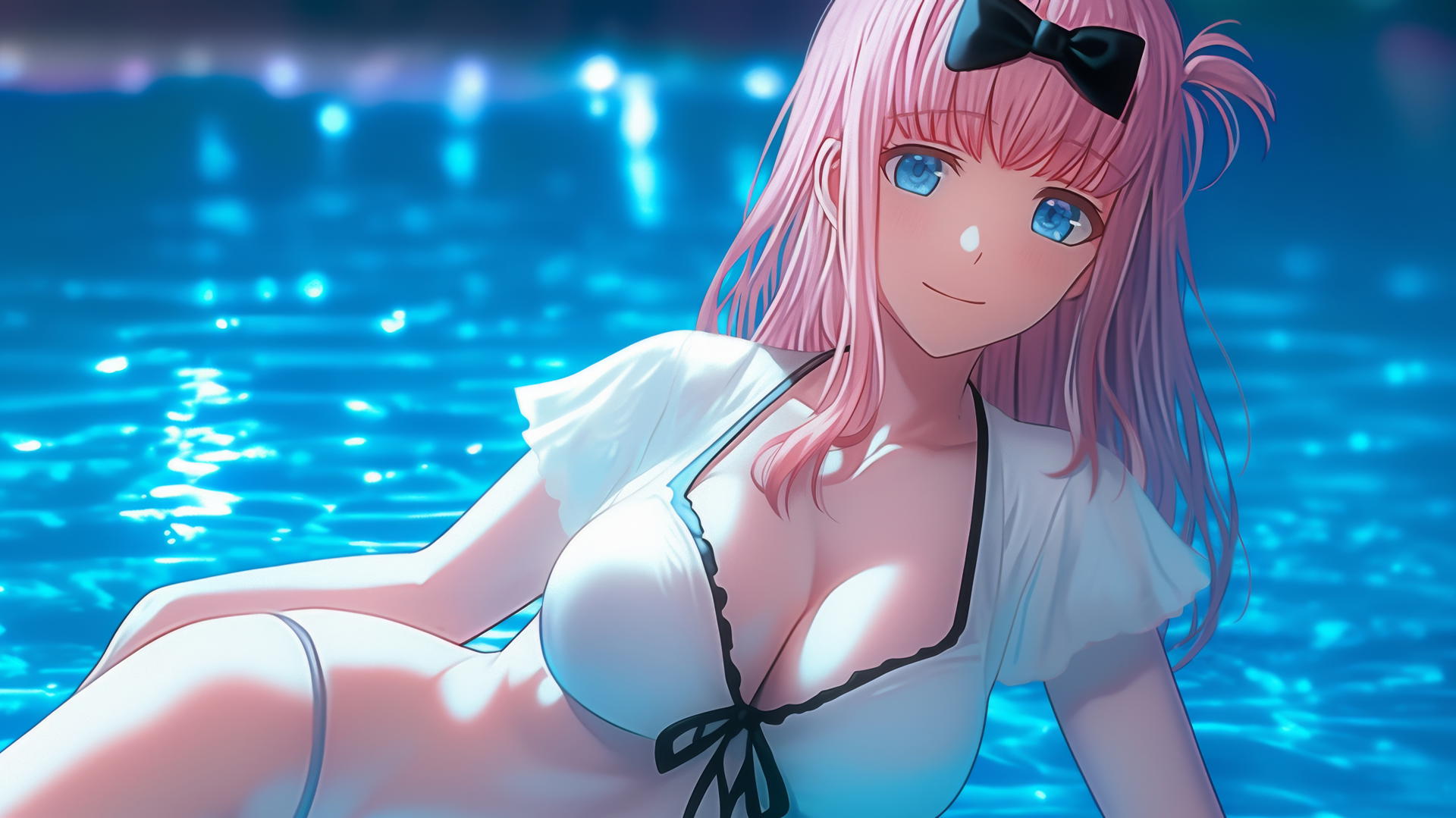Chika Fujiwara with pink hair resting at a swimming pool under moonlight
