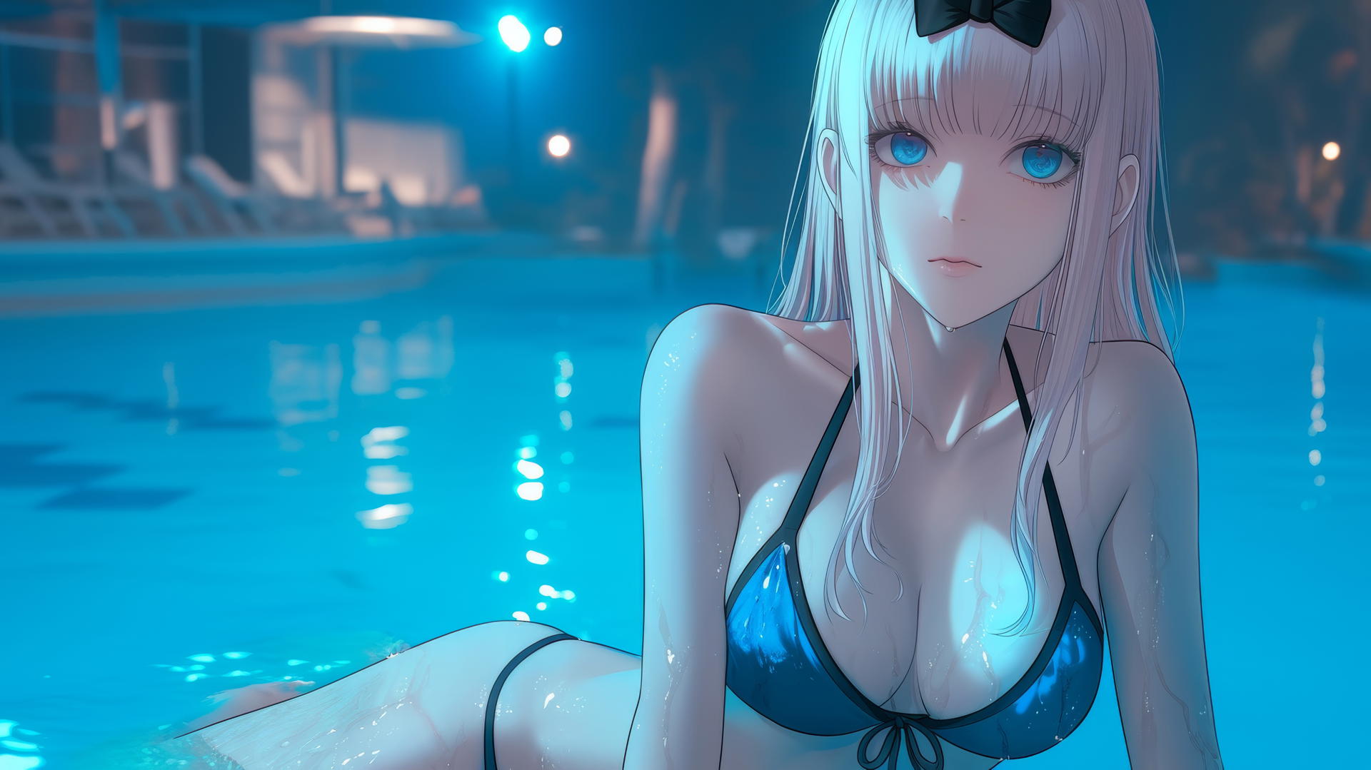 Chika Fujiwara resting at a swimming pool under moonlight