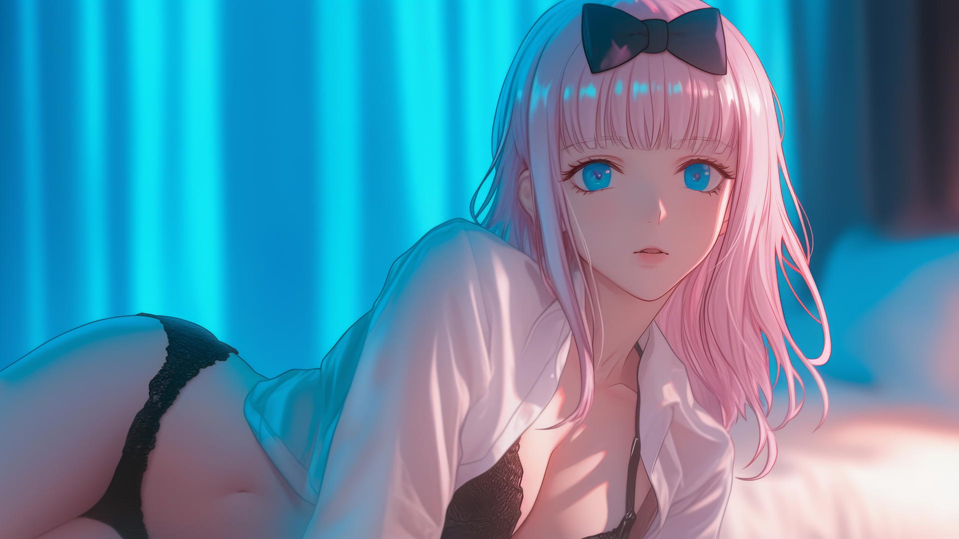 Chika Fujiwara resting in a modern hotel room, neon light casting glow.