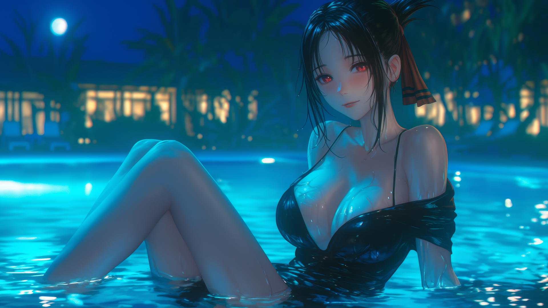 Kaguya Shinomiya with red eyes resting by a swimming pool under moonlight.