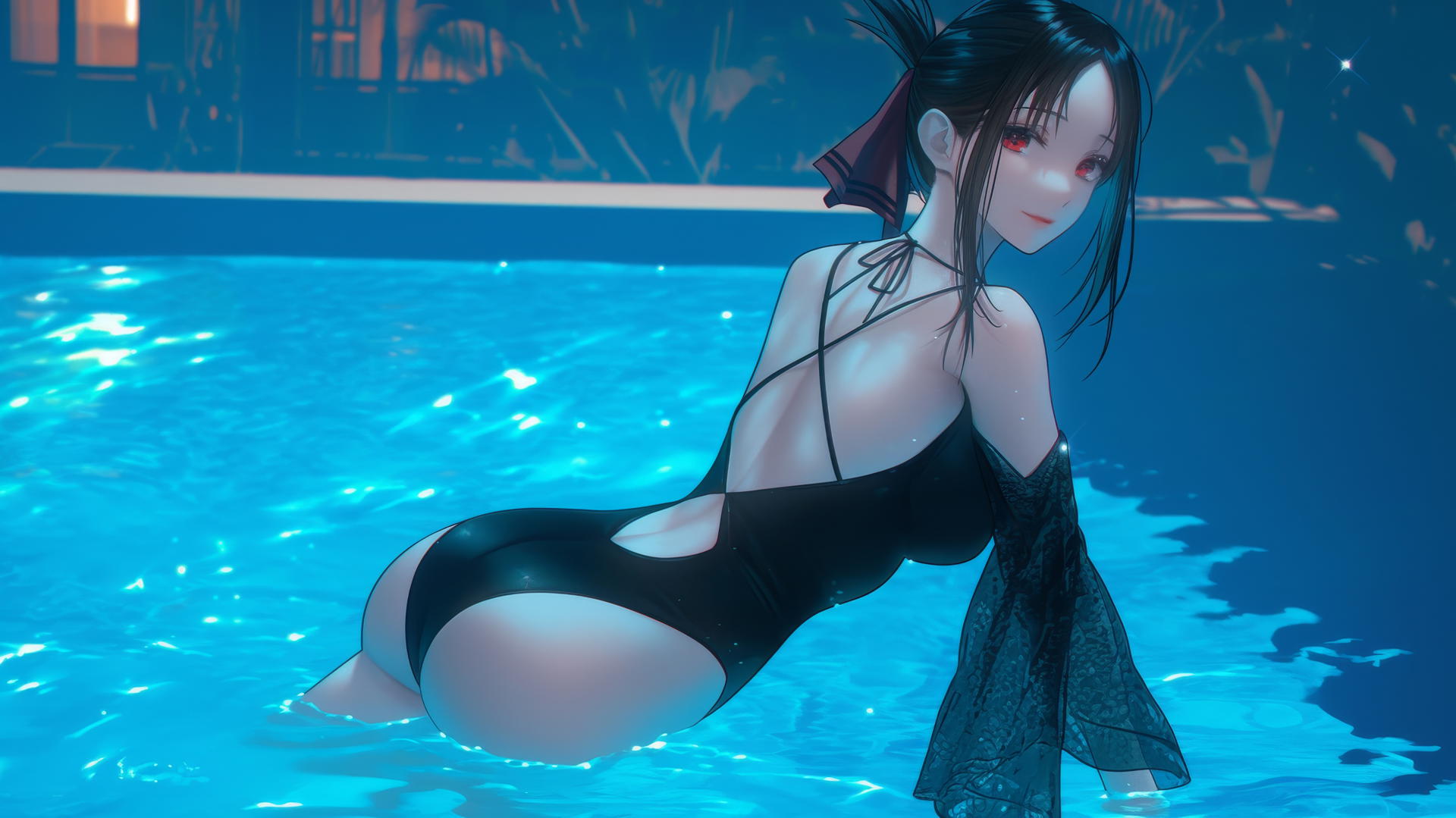 Kaguya Shinomiya with red eyes jumping from a pool under moonlight