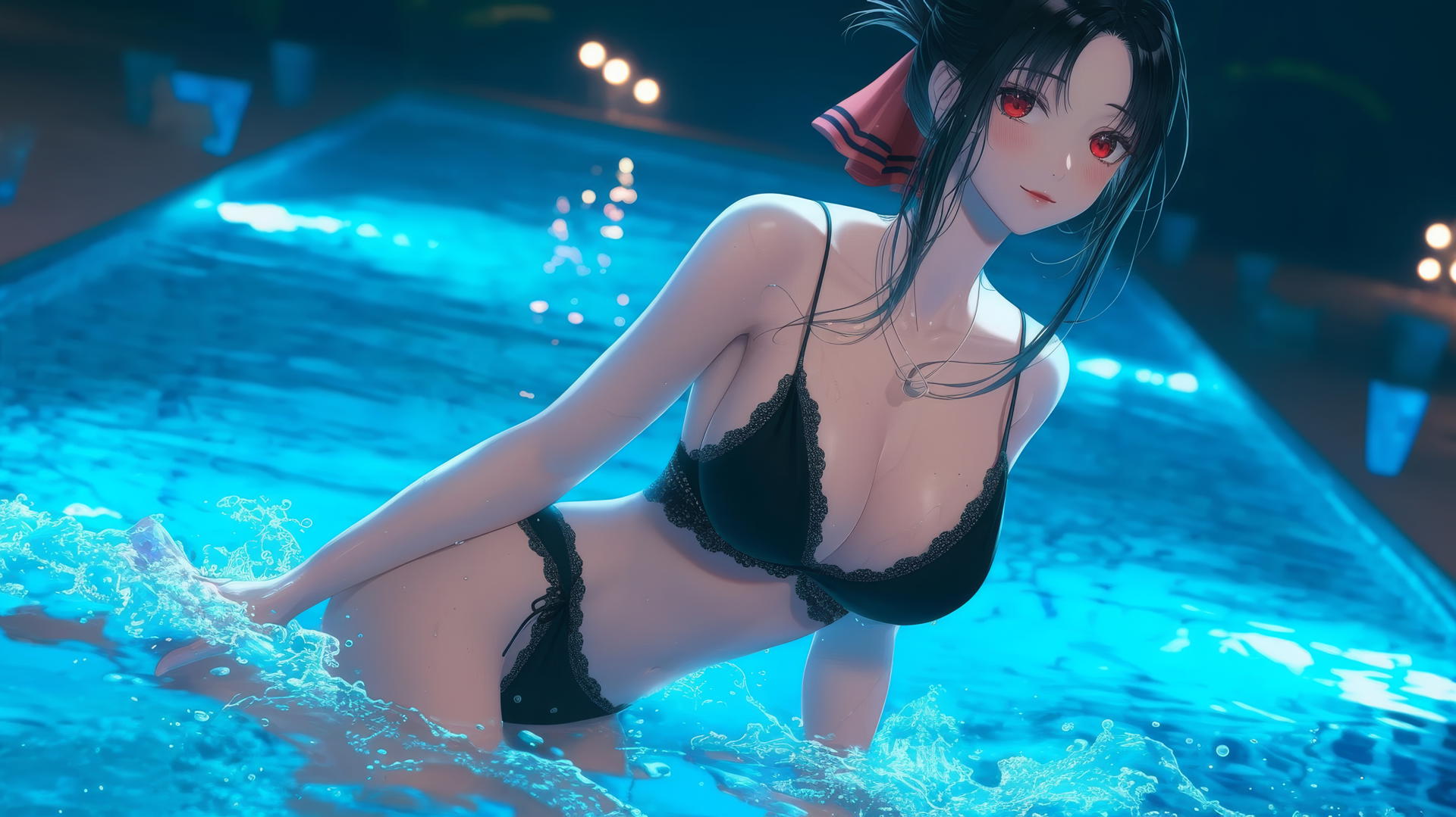 Kaguya Shinomiya with red eyes jumps out of a swimming pool under moonlight.