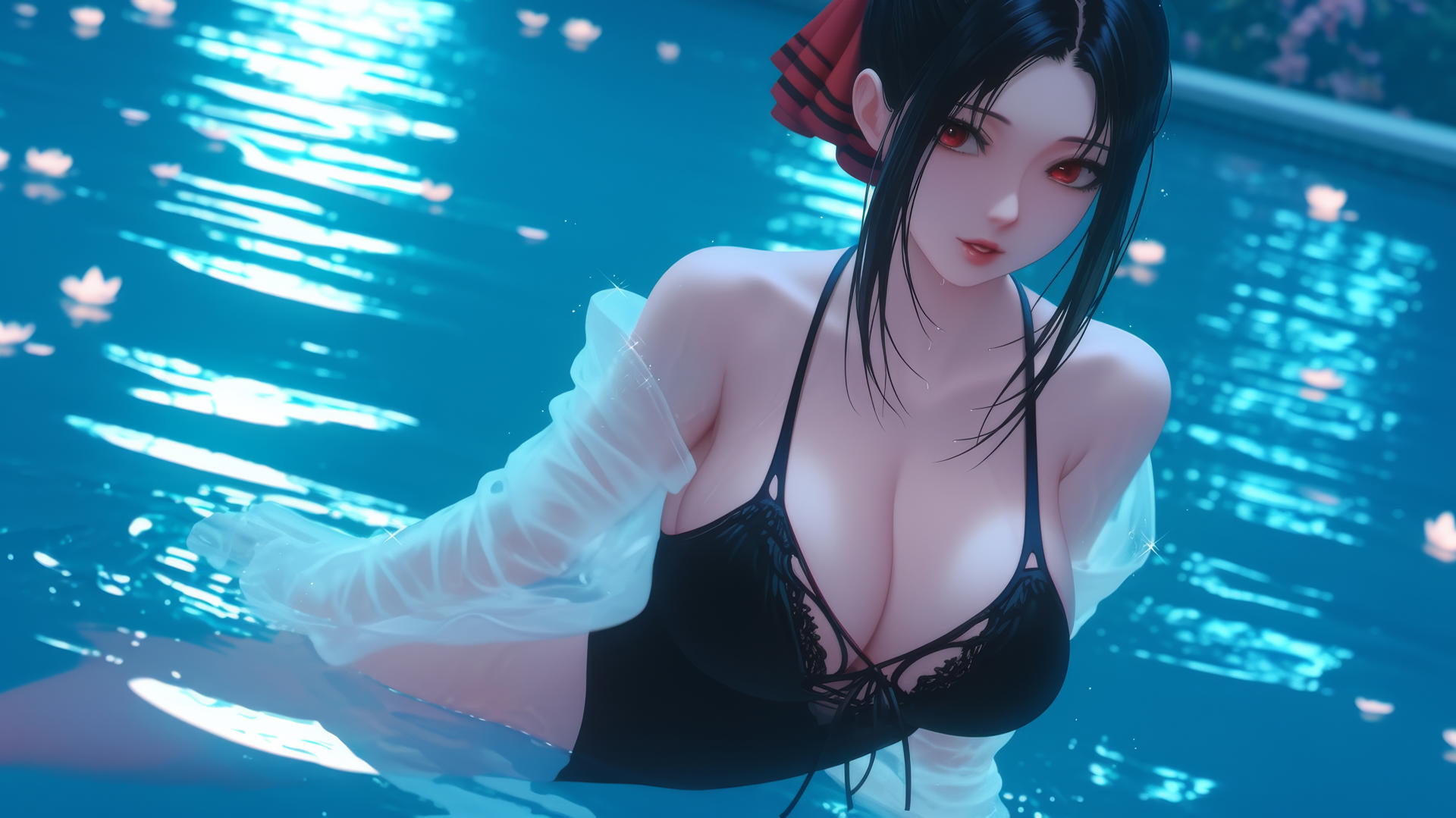 Kaguya Shinomiya with red eyes, wearing red, jumping out of a swimming pool under moonlight.