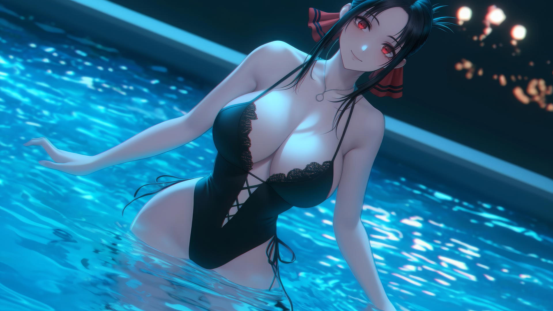 Kaguya Shinomiya with red eyes, in red outfit, jumping from pool under moonlight