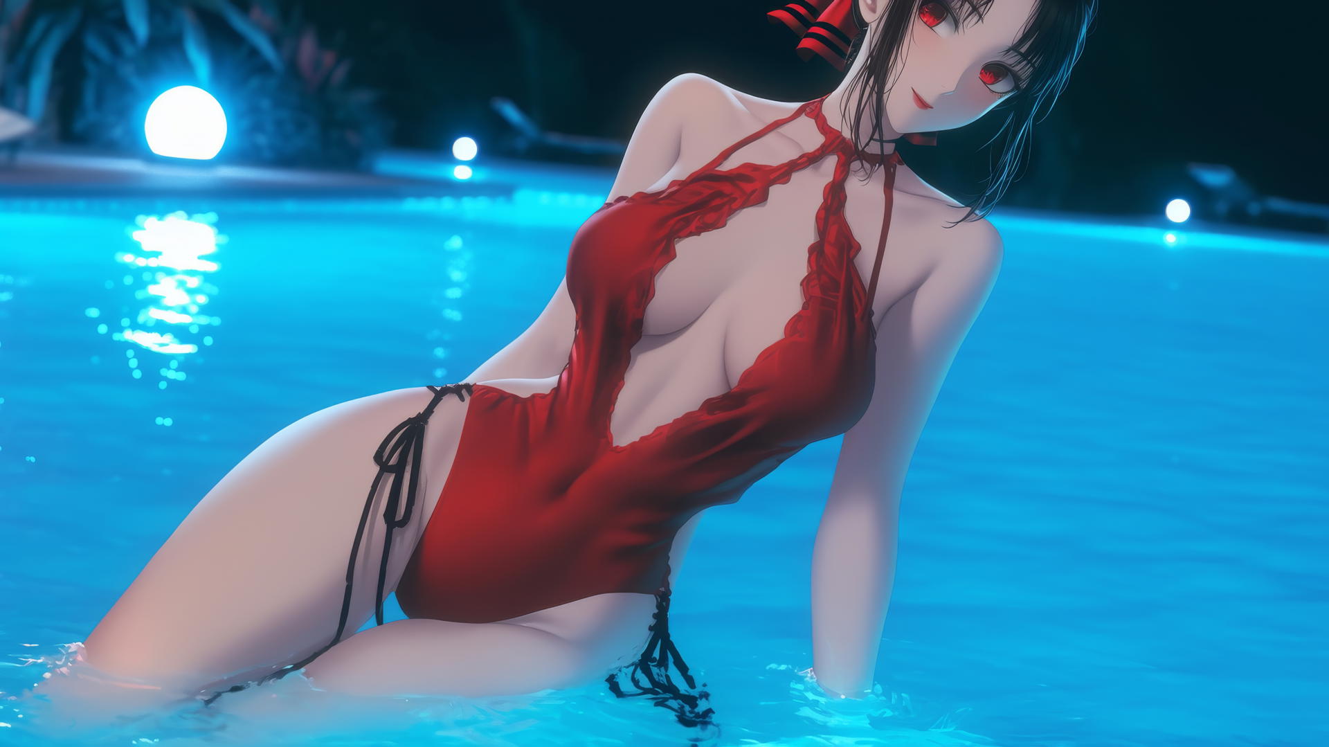 Kaguya Shinomiya with red eyes, in red, jumping out of swimming pool, moonlit