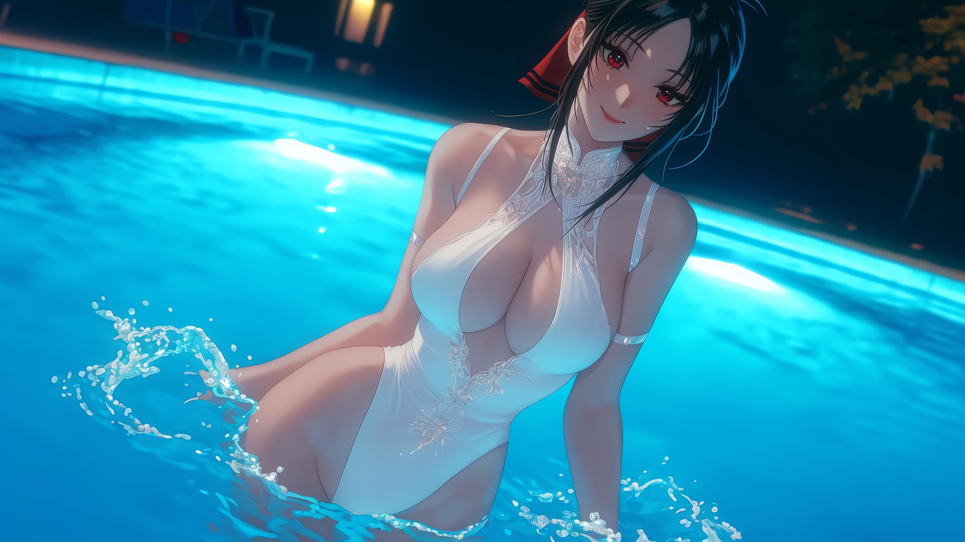 Kaguya Shinomiya with red eyes, in white attire, jumping out of a swimming pool under moonlight.