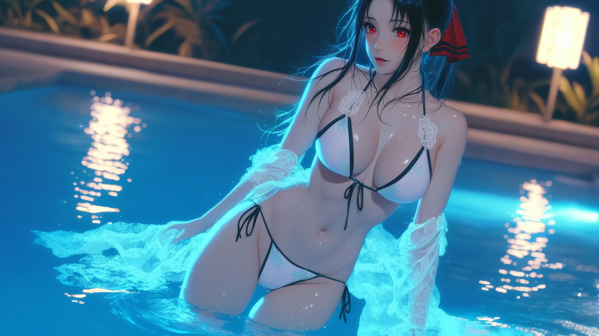 Kaguya Shinomiya with red eyes, in white, jumps out of a swimming pool under moonlight.