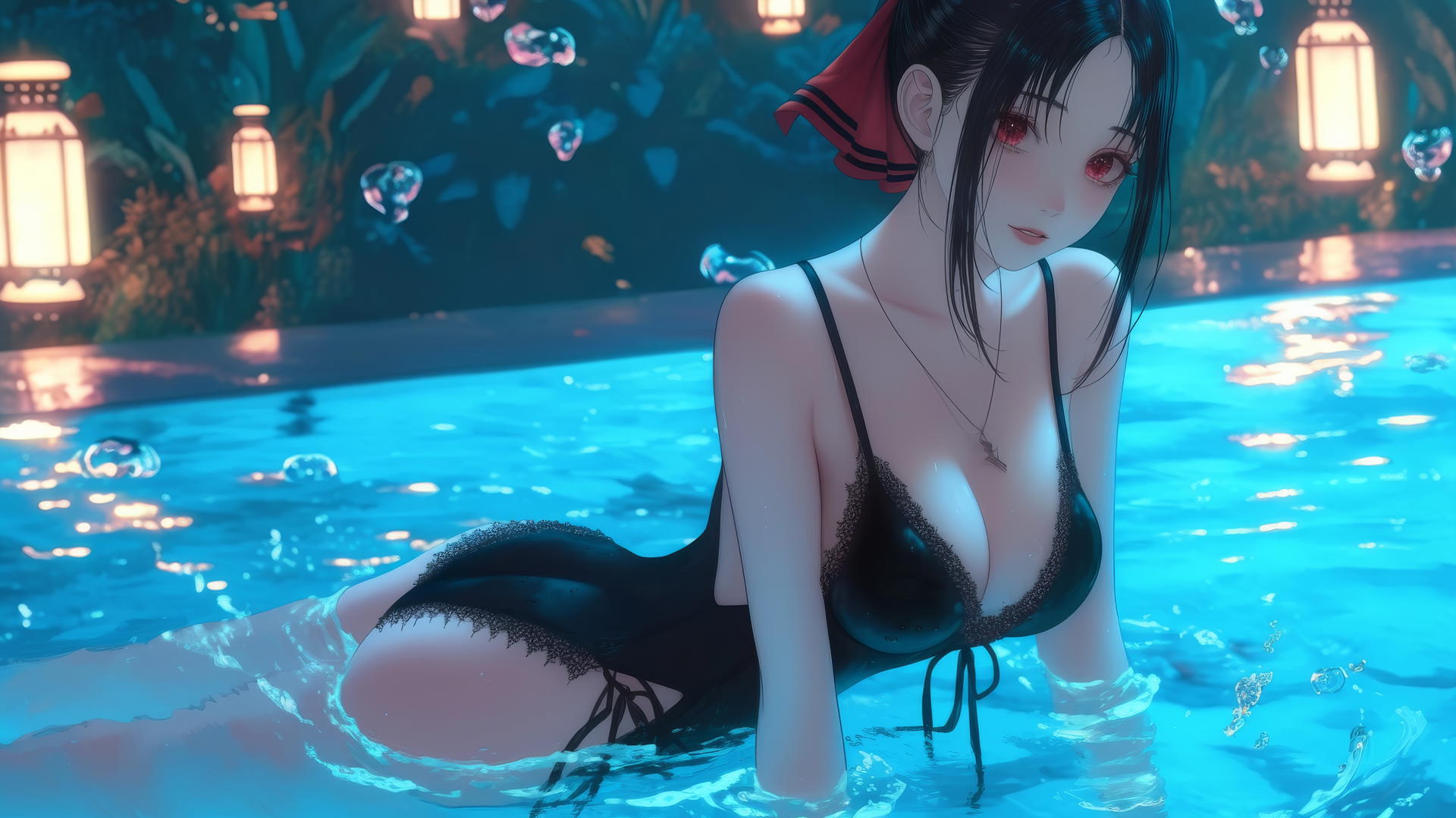 Kaguya Shinomiya with red eyes jumping out of a swimming pool under moonlight.