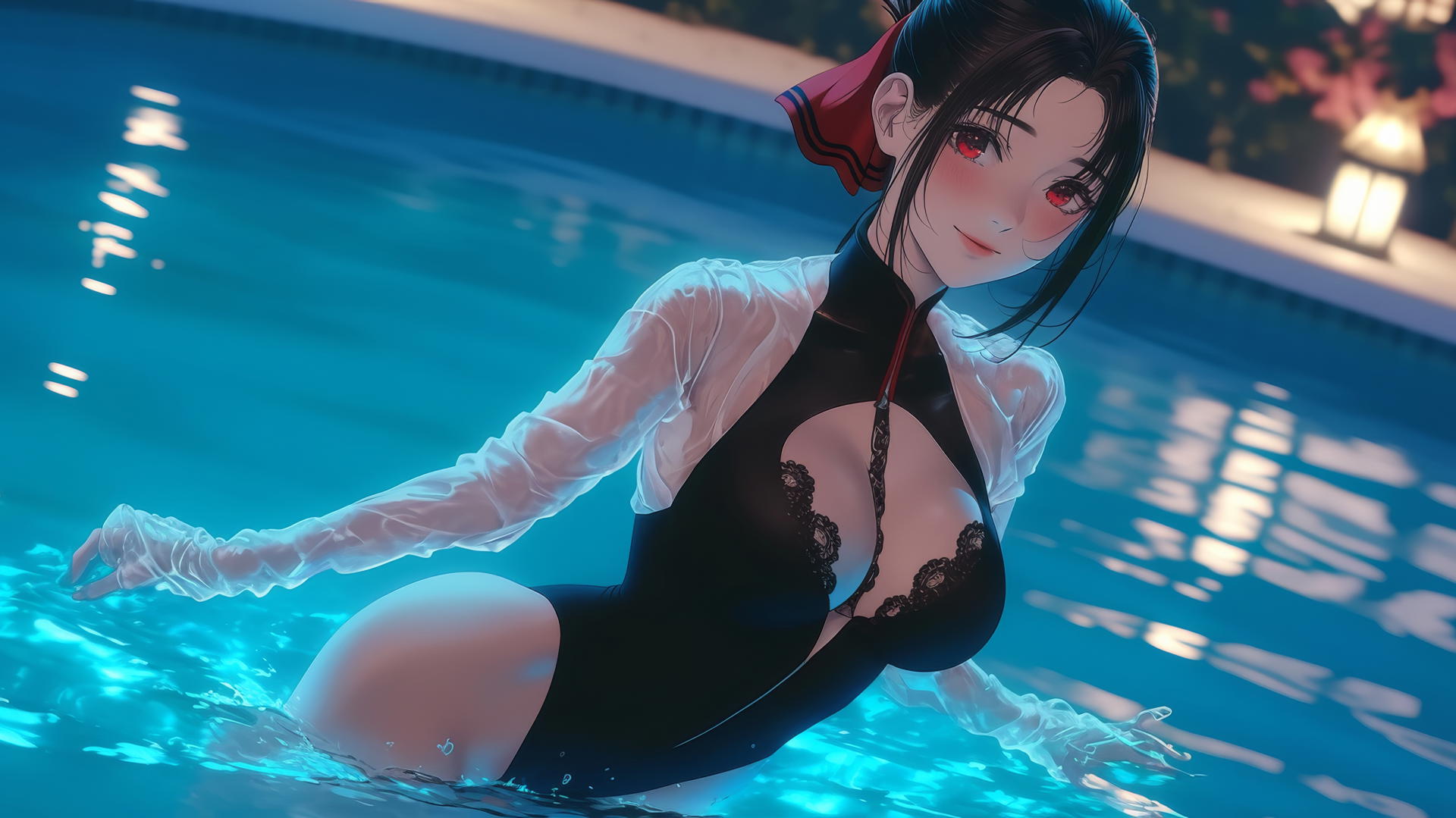 Kaguya Shinomiya from Kaguya-sama: Love Is War with red eyes, jumping out of a swimming pool under moonlight.