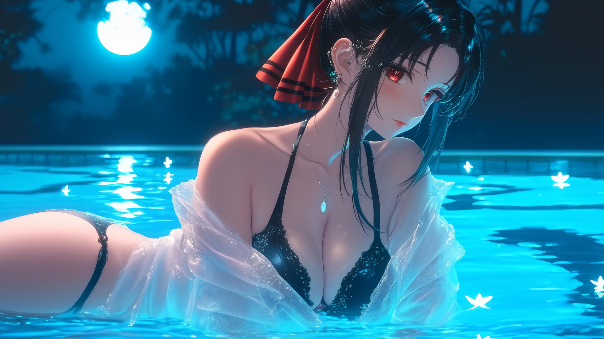 Kaguya Shinomiya with red eyes in red attire, resting by a swimming pool under moonlight.