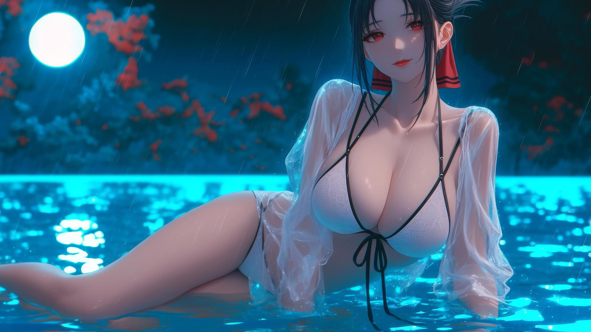 Kaguya Shinomiya from Kaguya-sama wa Kokurasetai with red eyes in white attire by a rainy pool, moonlit.